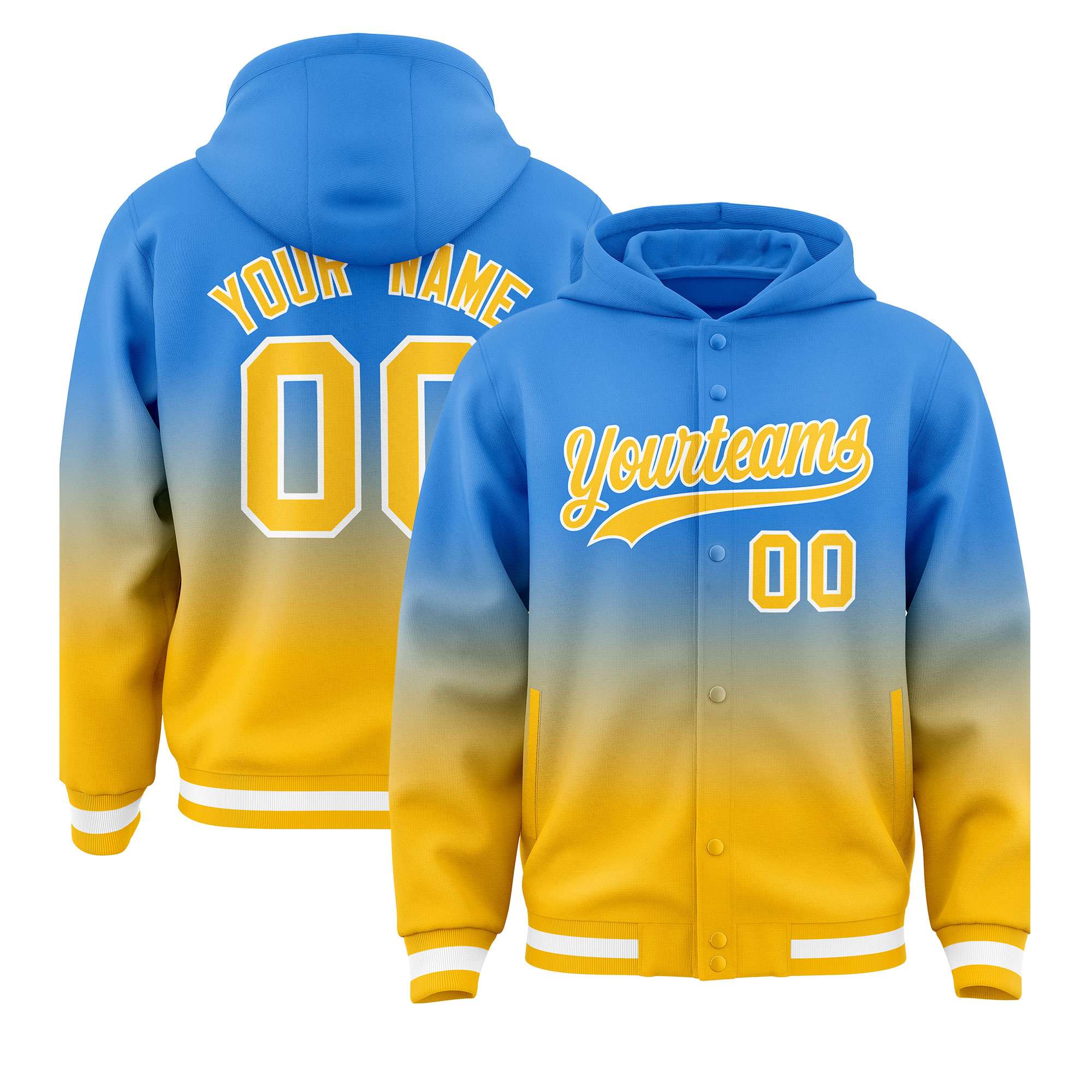 Custom Blue Yellow Varsity Full-Snap Letterman Gradient Hoodie Jacket