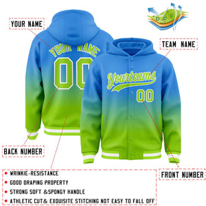 Custom Blue Neon Green Varsity Full-Snap Letterman Gradient Hoodie Jacket