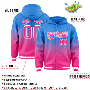 Custom Blue Pink Varsity Full-Snap Letterman Gradient Hoodie Jacket