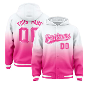 Custom White Pink Varsity Full-Snap Letterman Gradient Hoodie Jacket