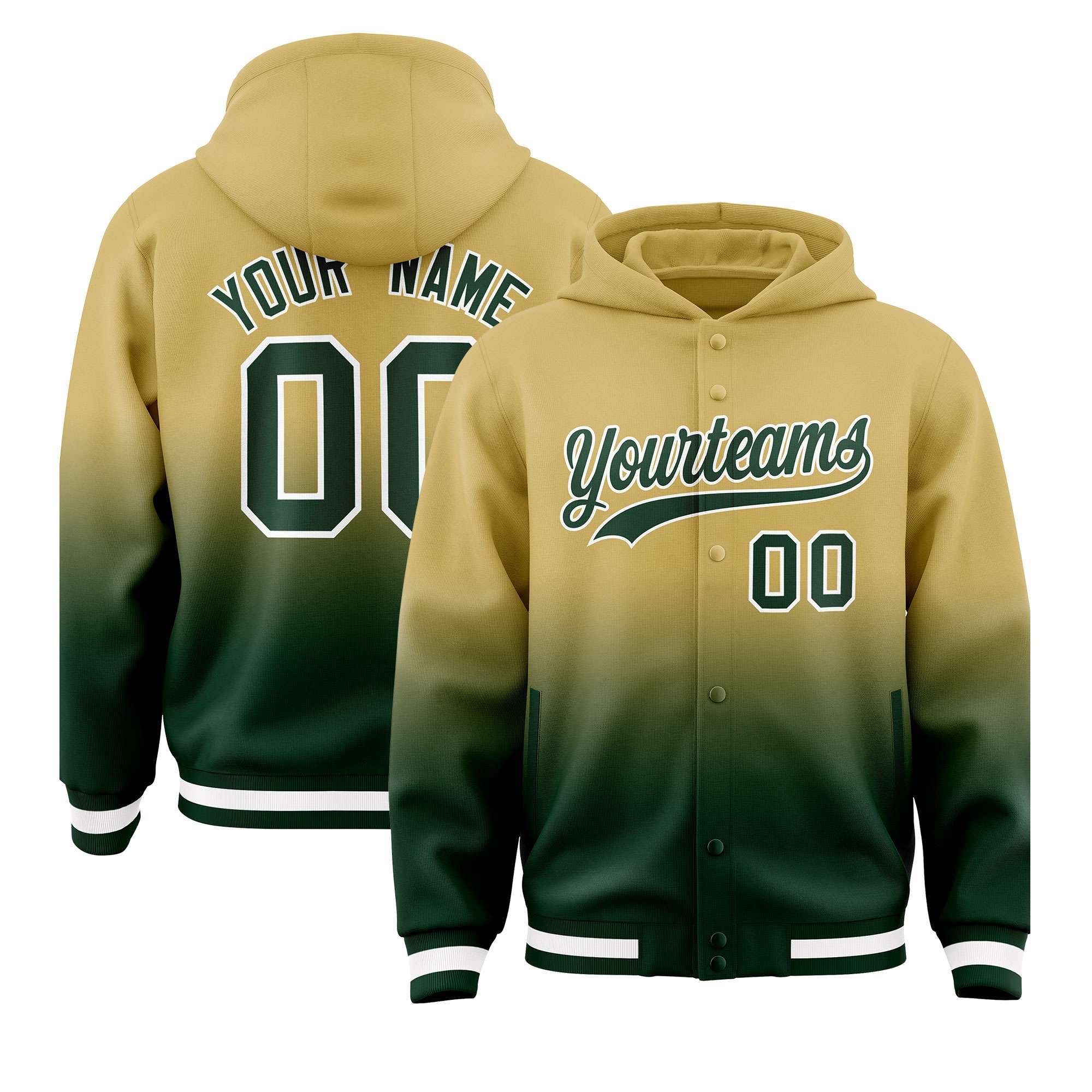 Custom Khaki Green Varsity Full-Snap Letterman Gradient Hoodie Jacket