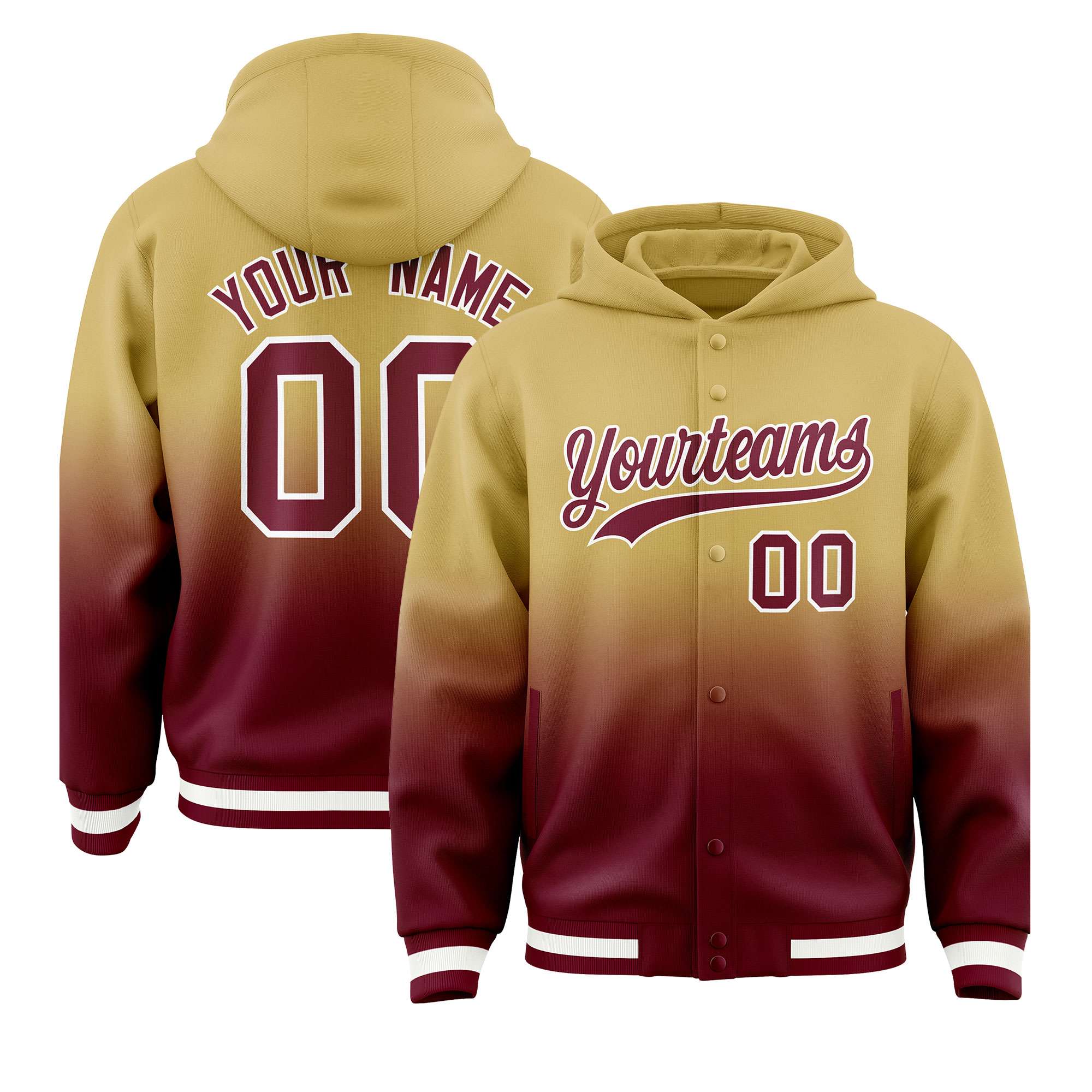 Custom Khaki Crimson Varsity Full-Snap Letterman Gradient Hoodie Jacket