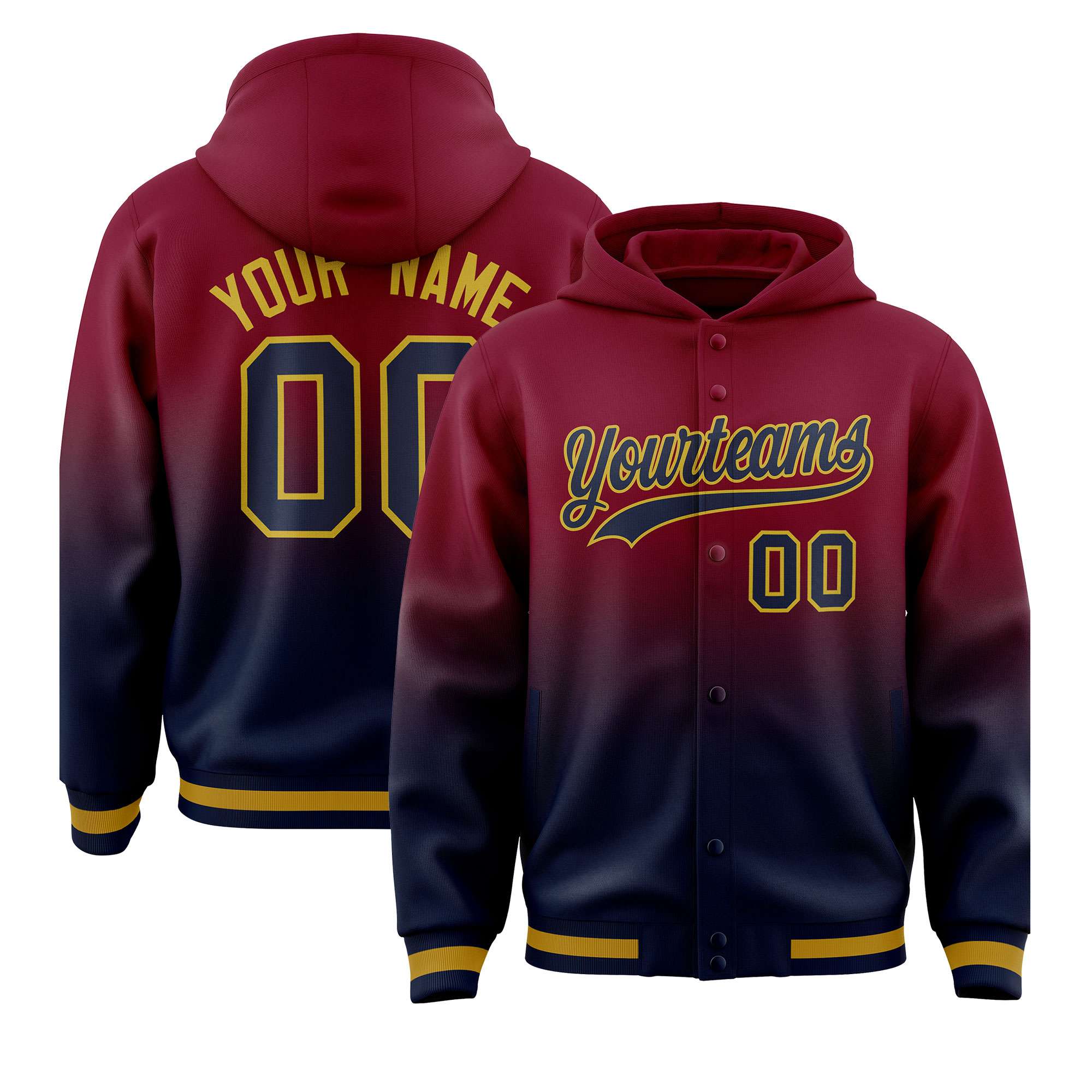 Custom Crimson Navy Varsity Full-Snap Letterman Gradient Hoodie Jacket