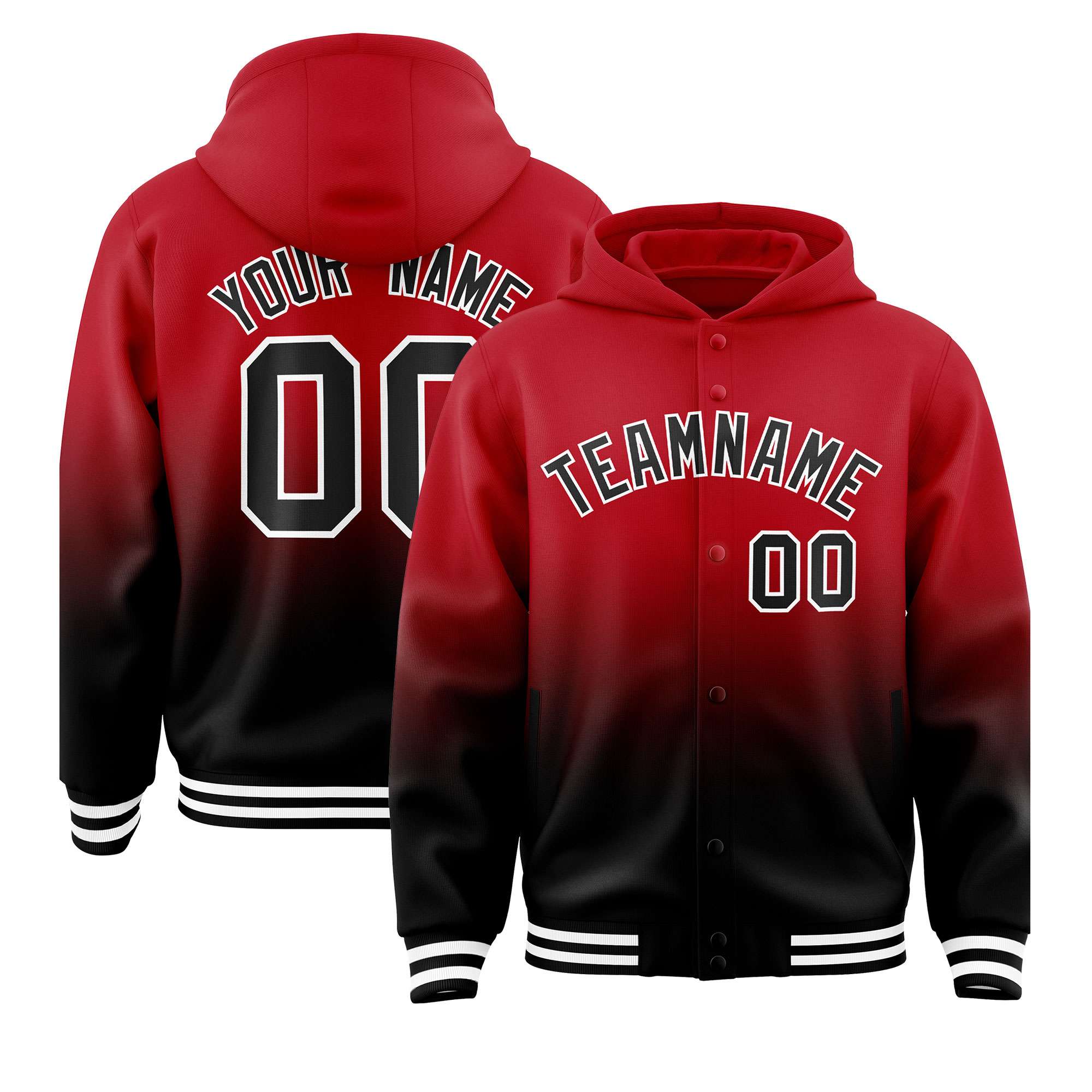 Custom Red Black Varsity Full-Snap Letterman Gradient Hoodie Jacket