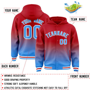 Custom Red Blue Varsity Full-Snap Letterman Gradient Hoodie Jacket