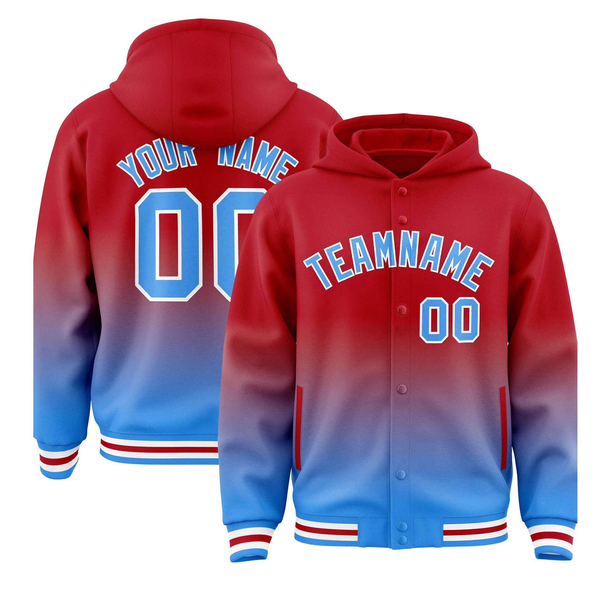 Custom Red Blue Varsity Full-Snap Letterman Gradient Hoodie Jacket