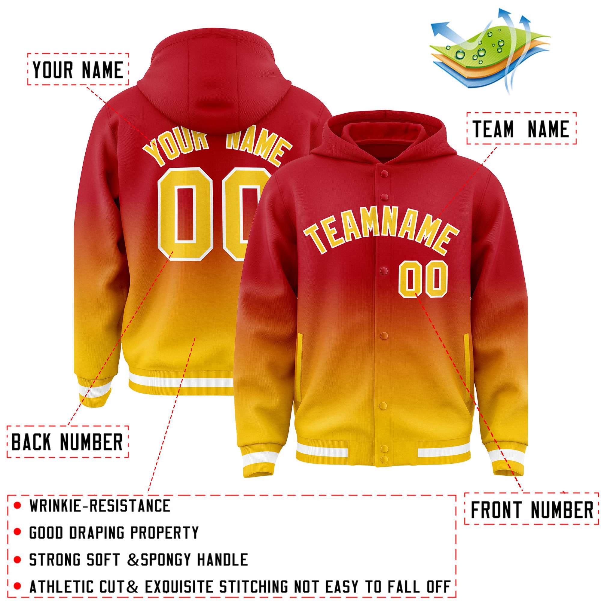 Custom Red Yellow Varsity Full-Snap Letterman Gradient Hoodie Jacket