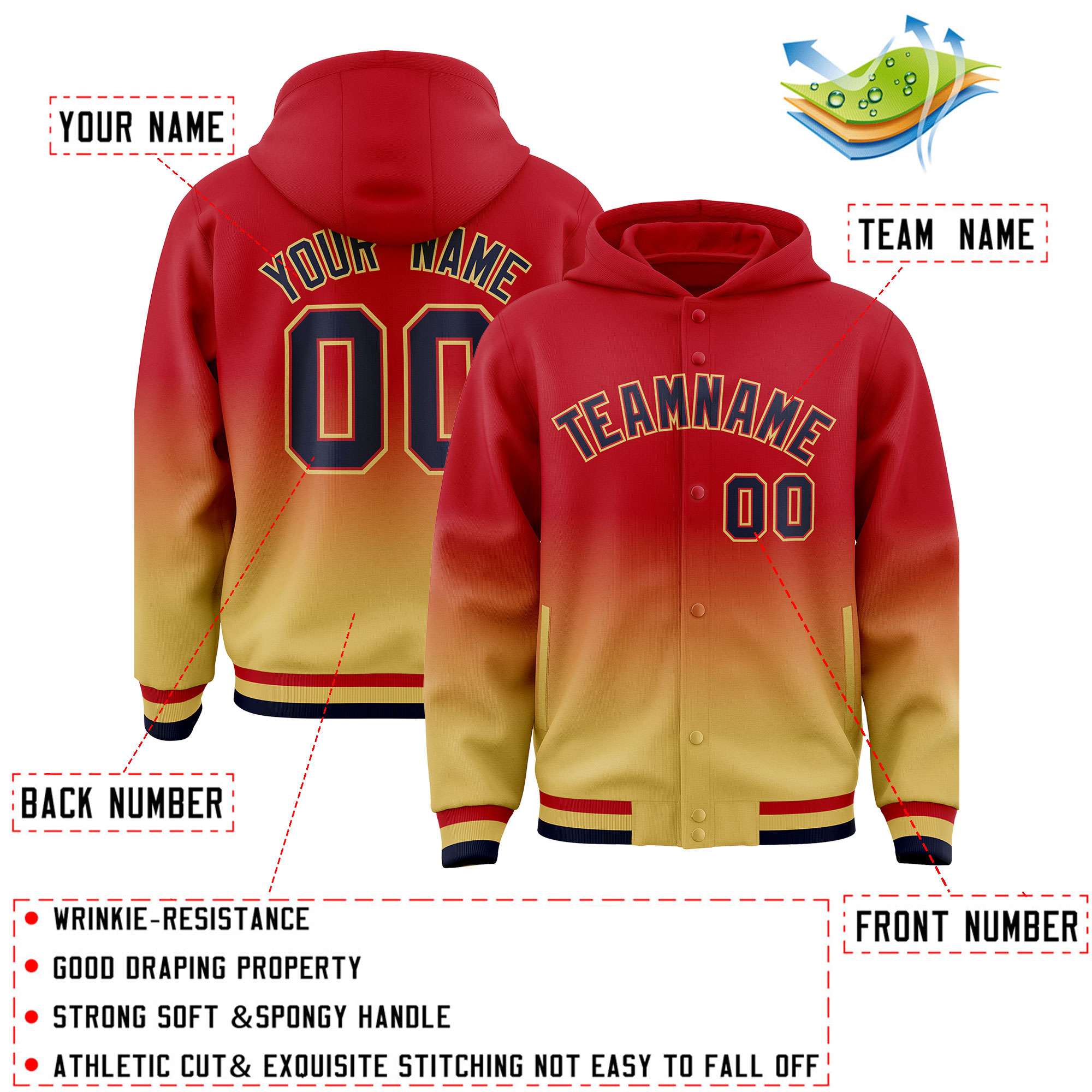 Custom Red Khaki Varsity Full-Snap Letterman Gradient Hoodie Jacket