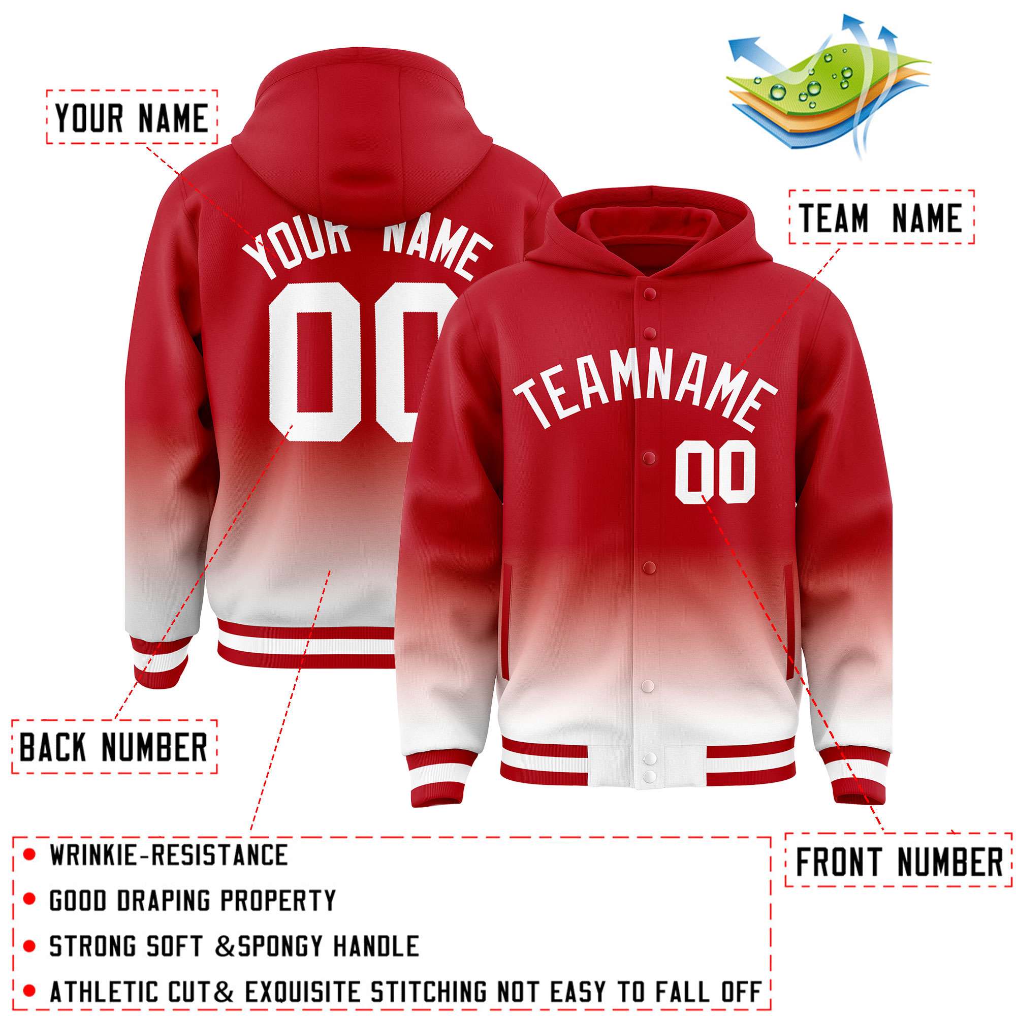 Custom Red White Varsity Full-Snap Letterman Gradient Hoodie Jacket