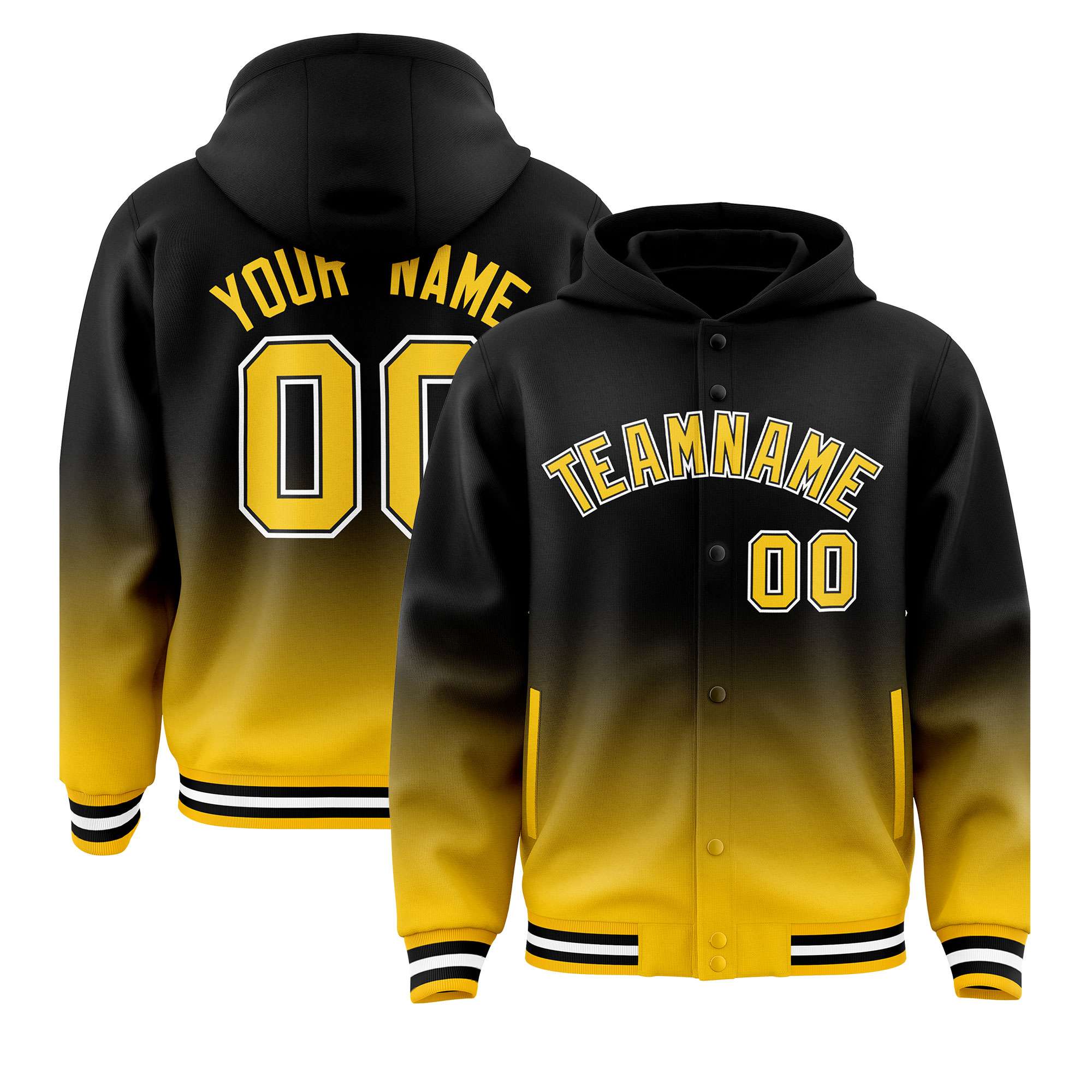 Custom Black Yellow Varsity Full-Snap Letterman Gradient Hoodie Jacket