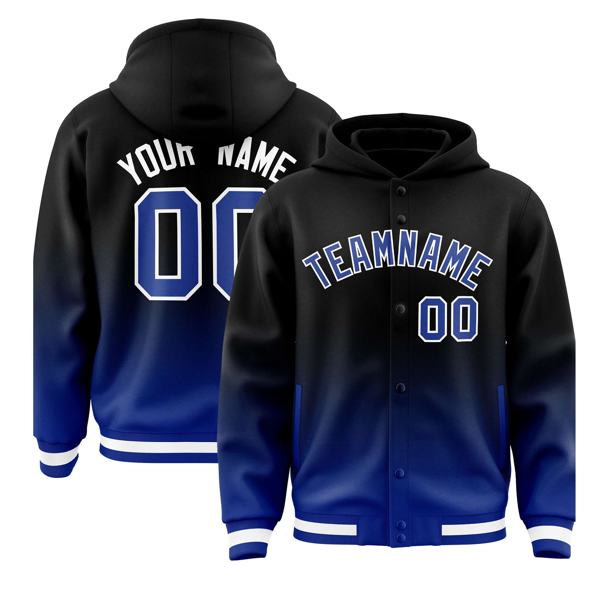 Custom Black Royal Varsity Full-Snap Letterman Gradient Hoodie Jacket