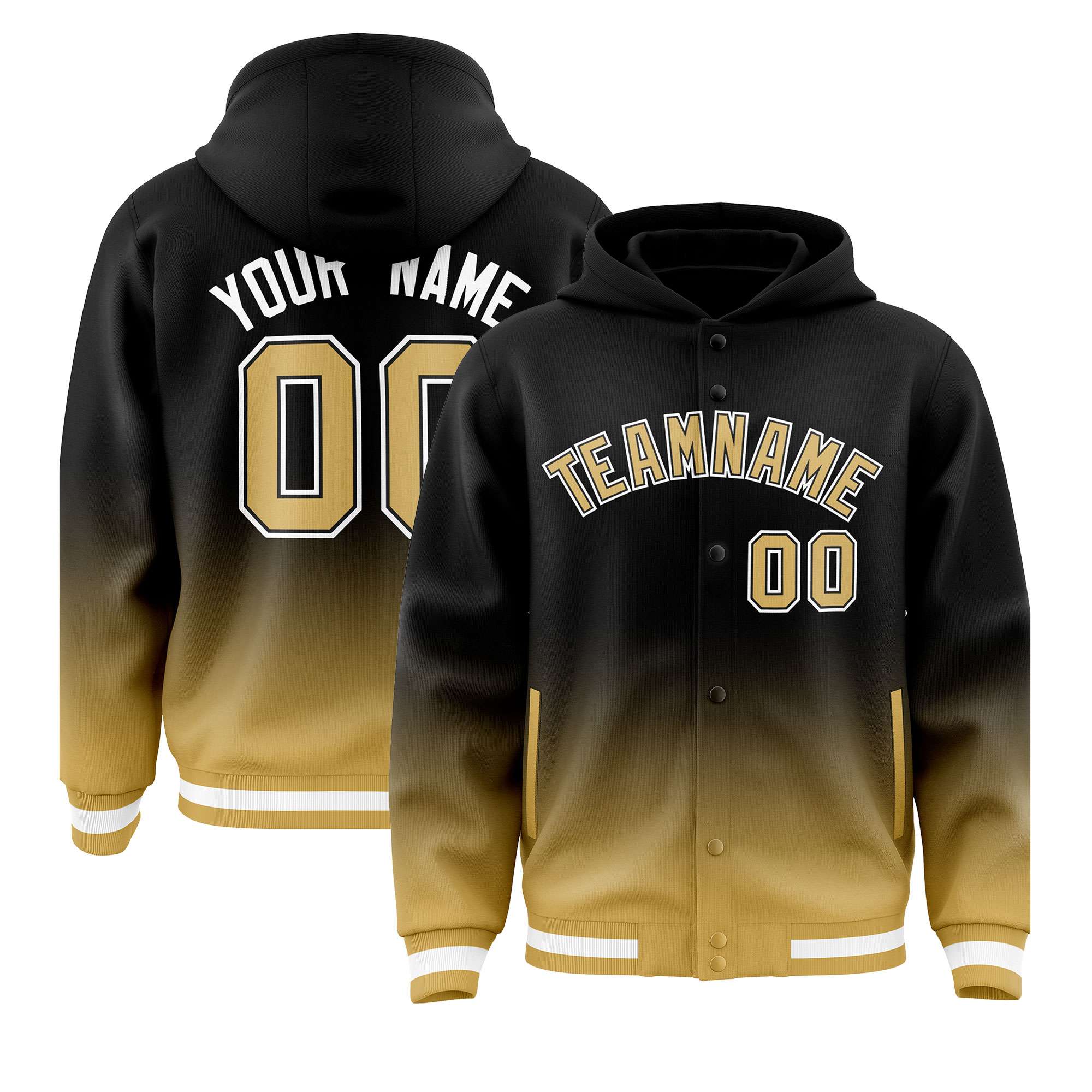 Custom Black Old Gold Varsity Full-Snap Letterman Gradient Hoodie Jacket