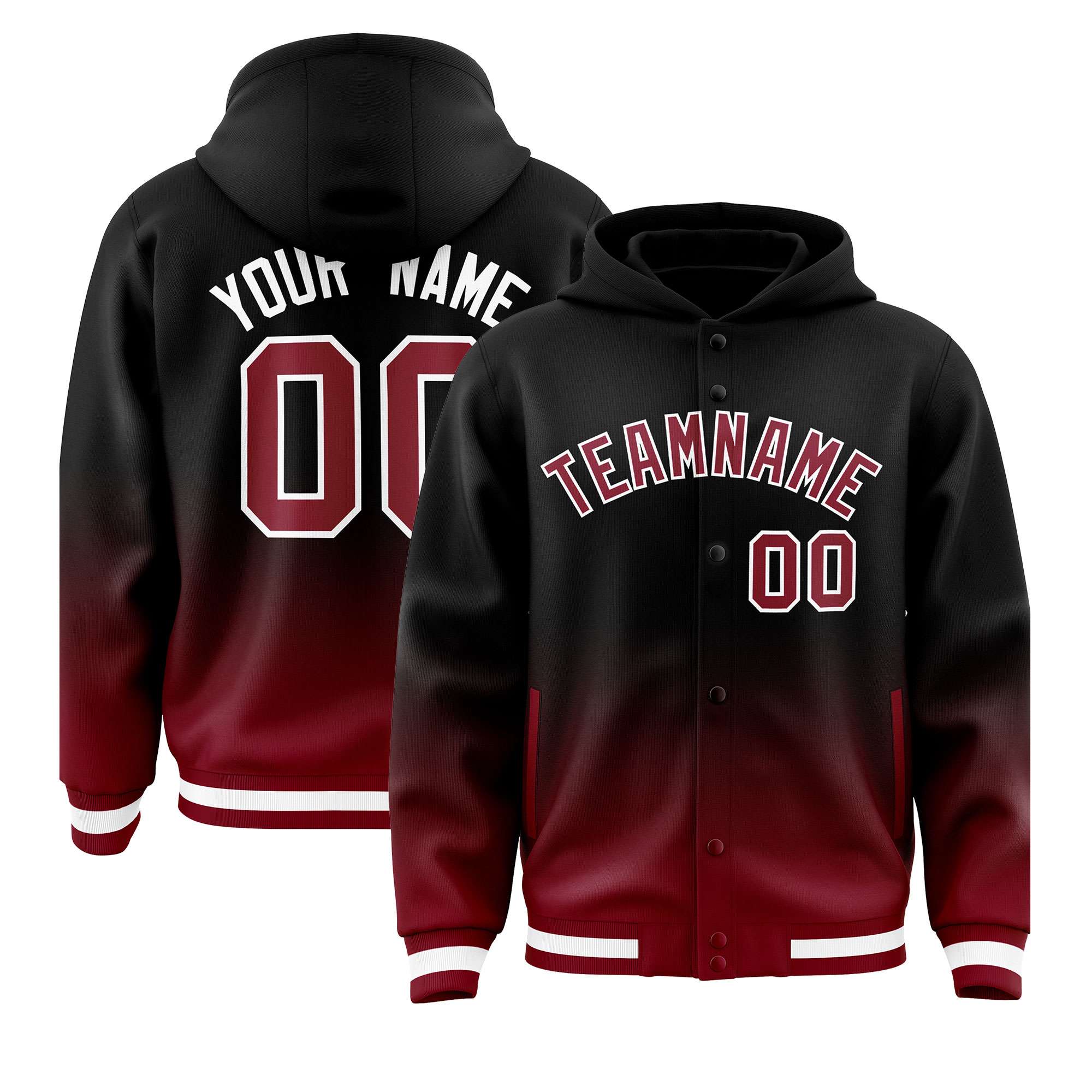 Custom Black Crimson Varsity Full-Snap Letterman Gradient Hoodie Jacket