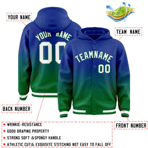 Custom Royal Green Varsity Full-Snap Letterman Gradient Hoodie Jacket