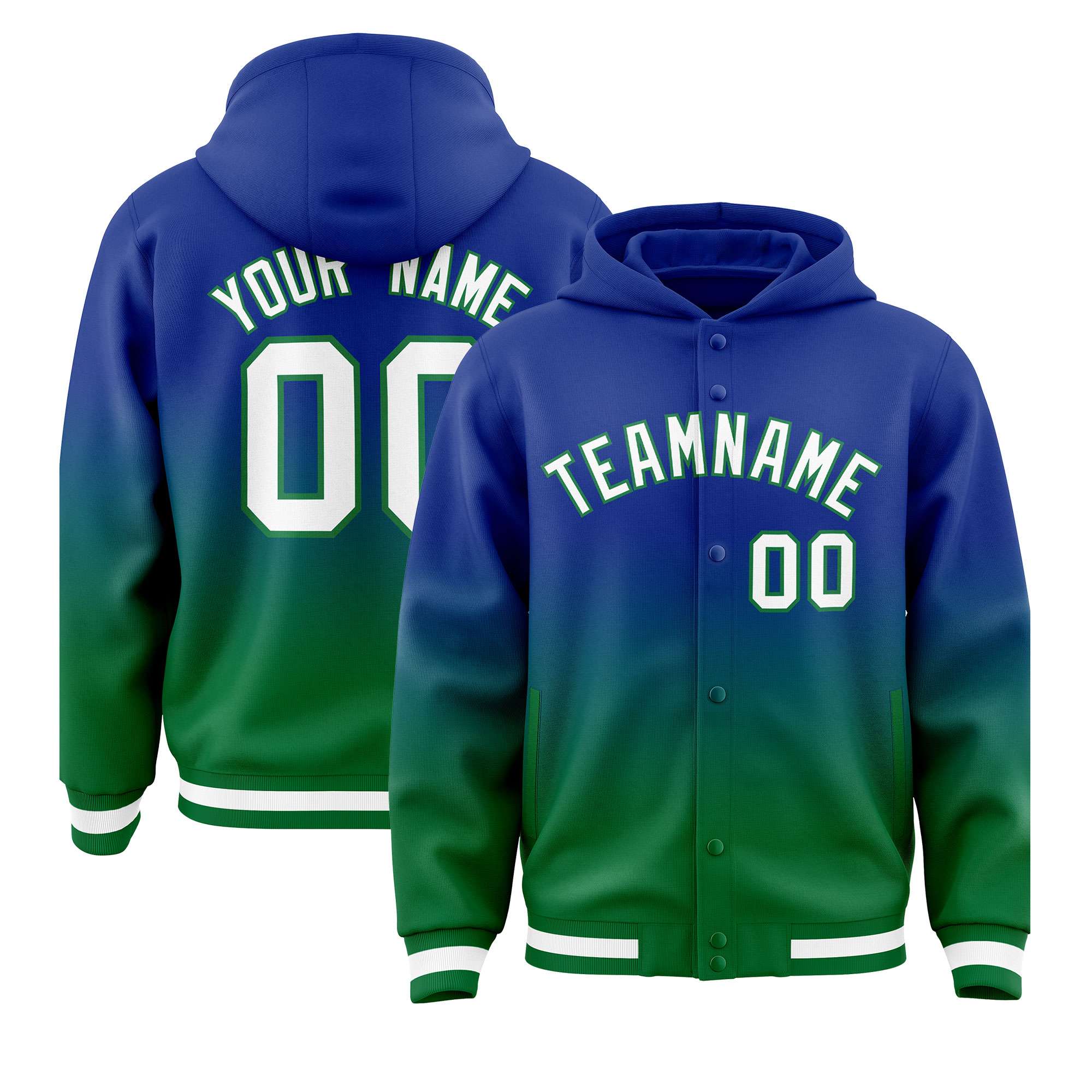 Custom Royal Green Varsity Full-Snap Letterman Gradient Hoodie Jacket