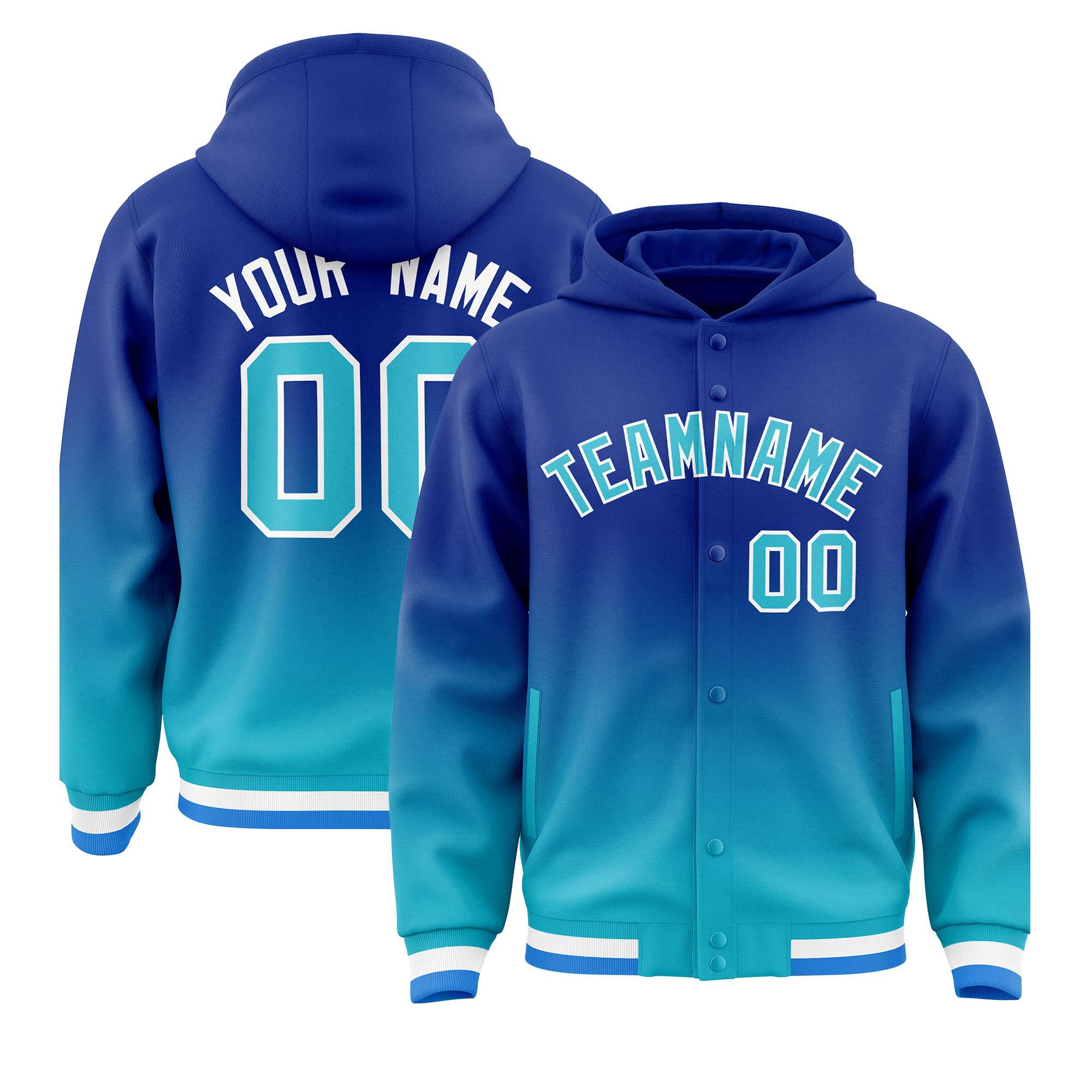 Custom Royal Sky Blue Varsity Full-Snap Letterman Gradient Hoodie Jacket