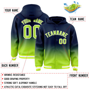 Custom Navy Neon Green Varsity Full-Snap Letterman Gradient Hoodie Jacket