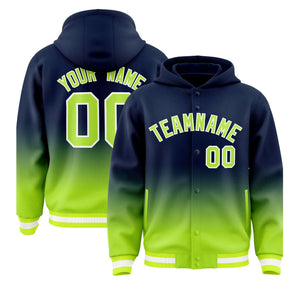 Custom Navy Neon Green Varsity Full-Snap Letterman Gradient Hoodie Jacket