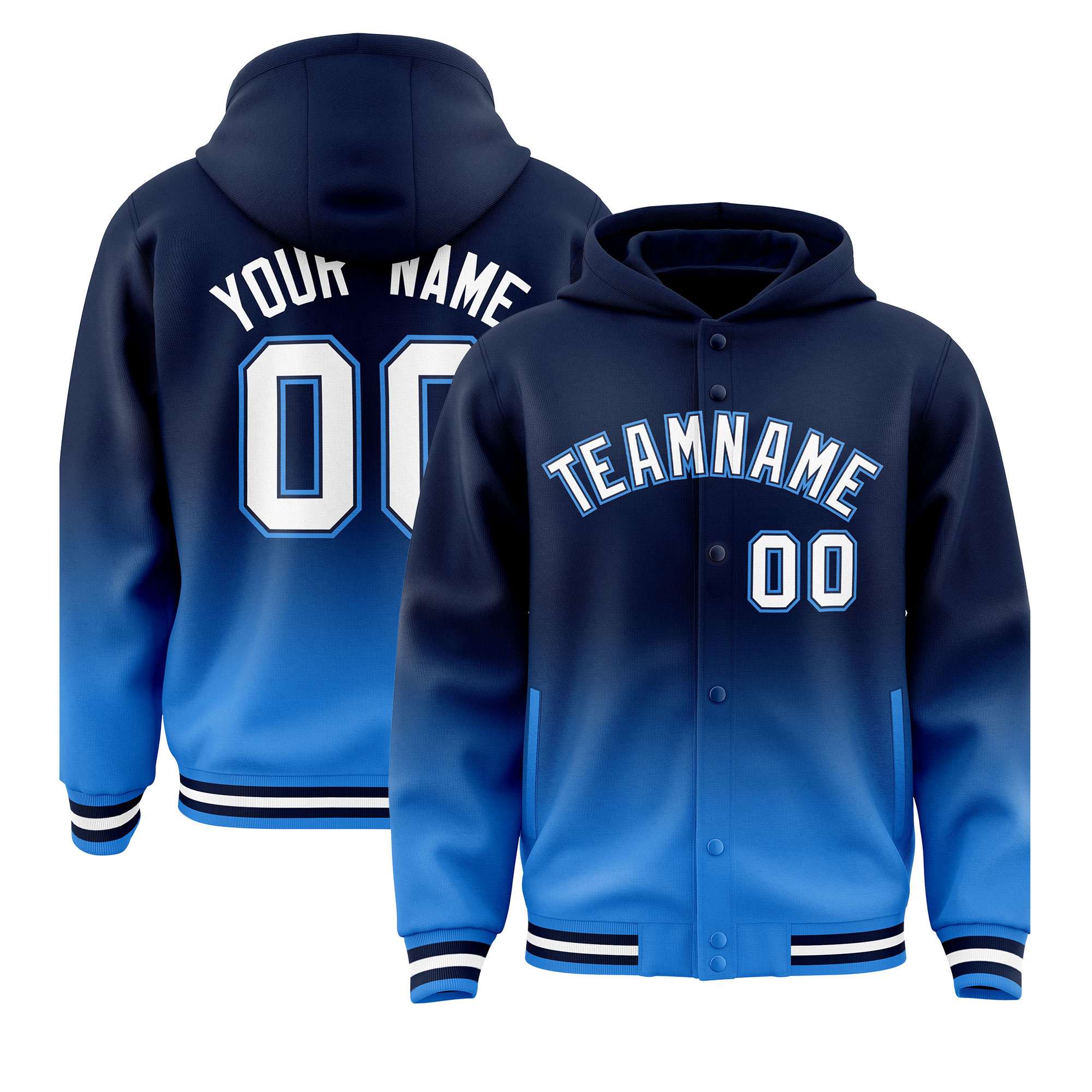 Custom Navy Blue Varsity Full-Snap Letterman Gradient Hoodie Jacket