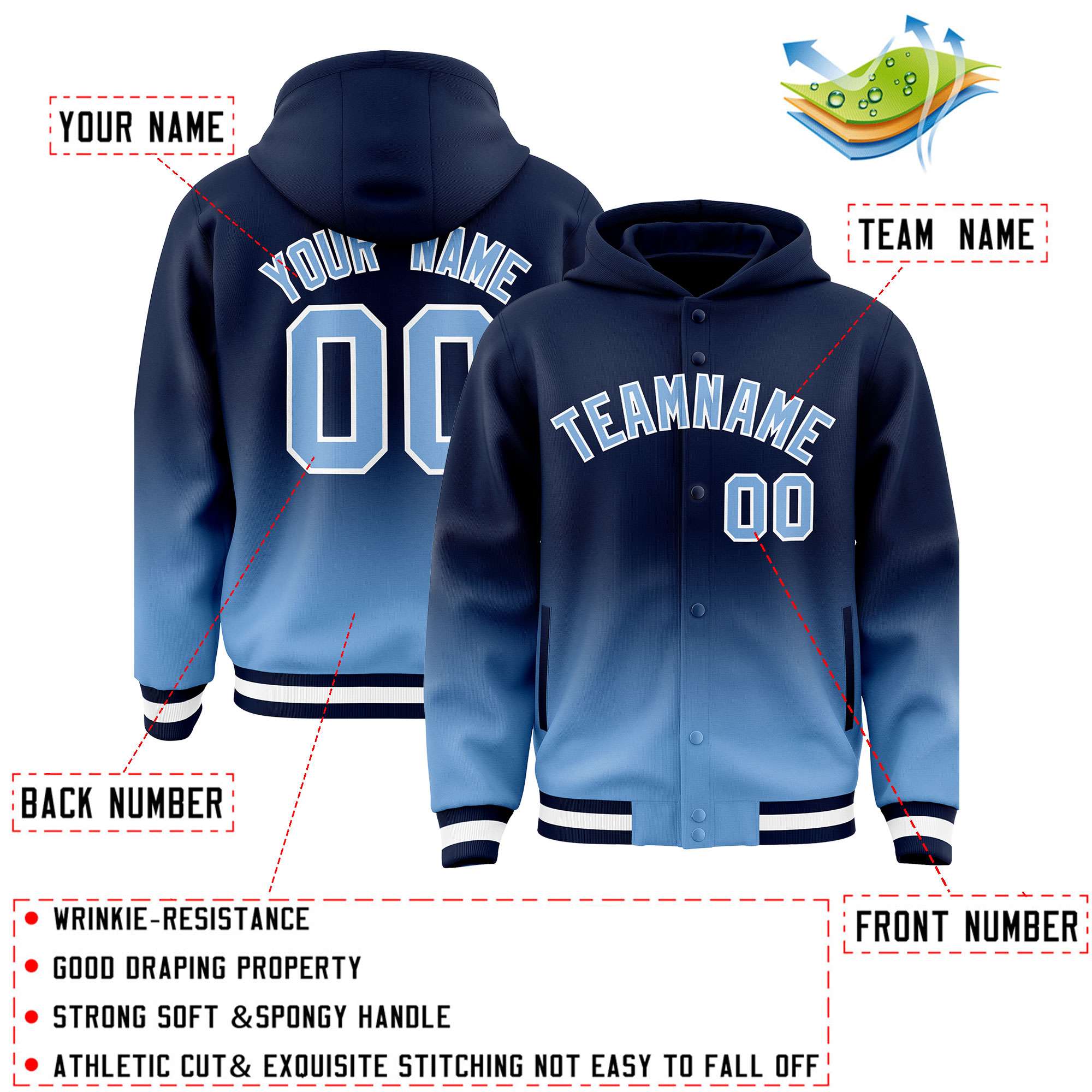 Custom Navy Powder Blue Varsity Full-Snap Letterman Gradient Hoodie Jacket