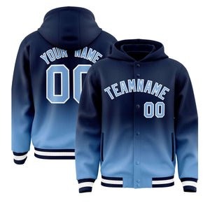 Custom Navy Powder Blue Varsity Full-Snap Letterman Gradient Hoodie Jacket