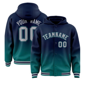 Custom Navy Aqua Varsity Full-Snap Letterman Gradient Hoodie Jacket