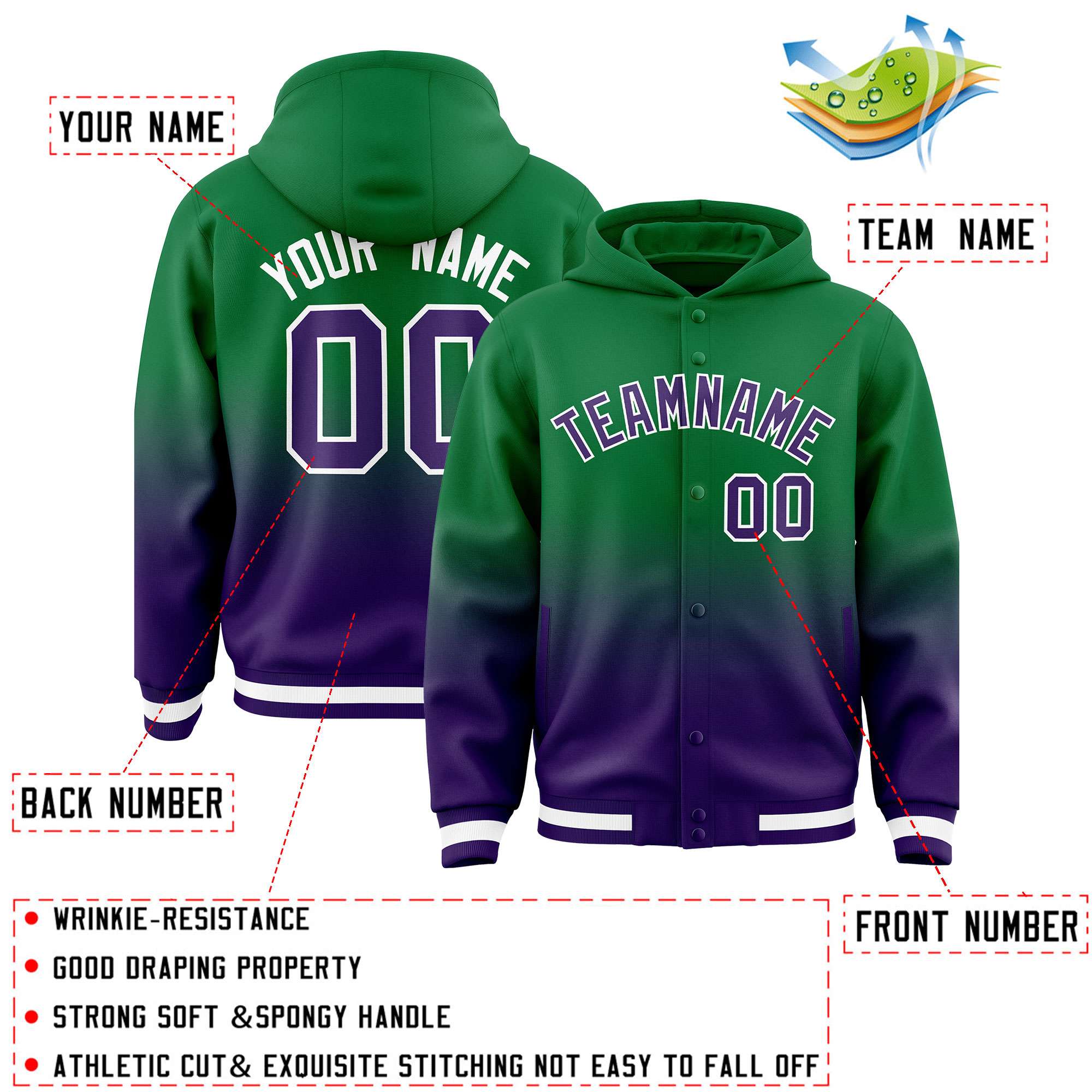 Custom Green Purple Varsity Full-Snap Letterman Gradient Hoodie Jacket