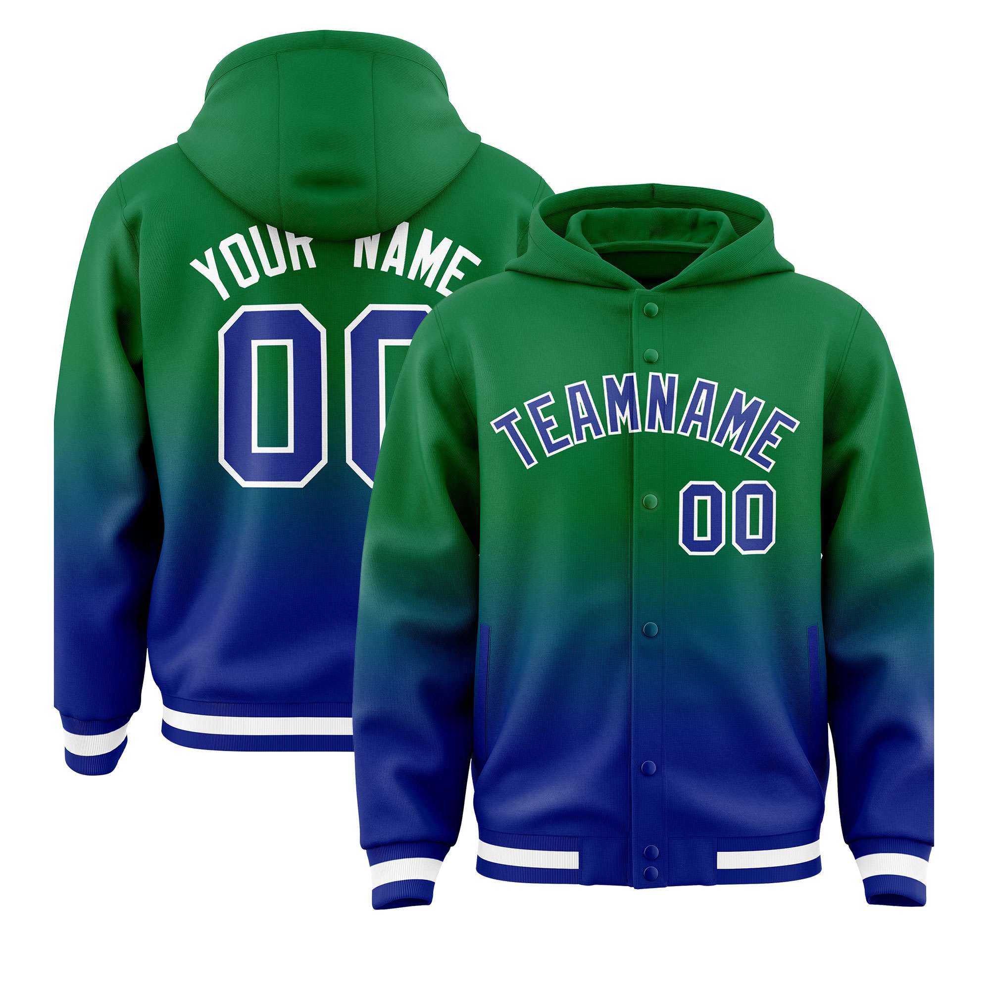 Custom Green Royal Varsity Full-Snap Letterman Gradient Hoodie Jacket