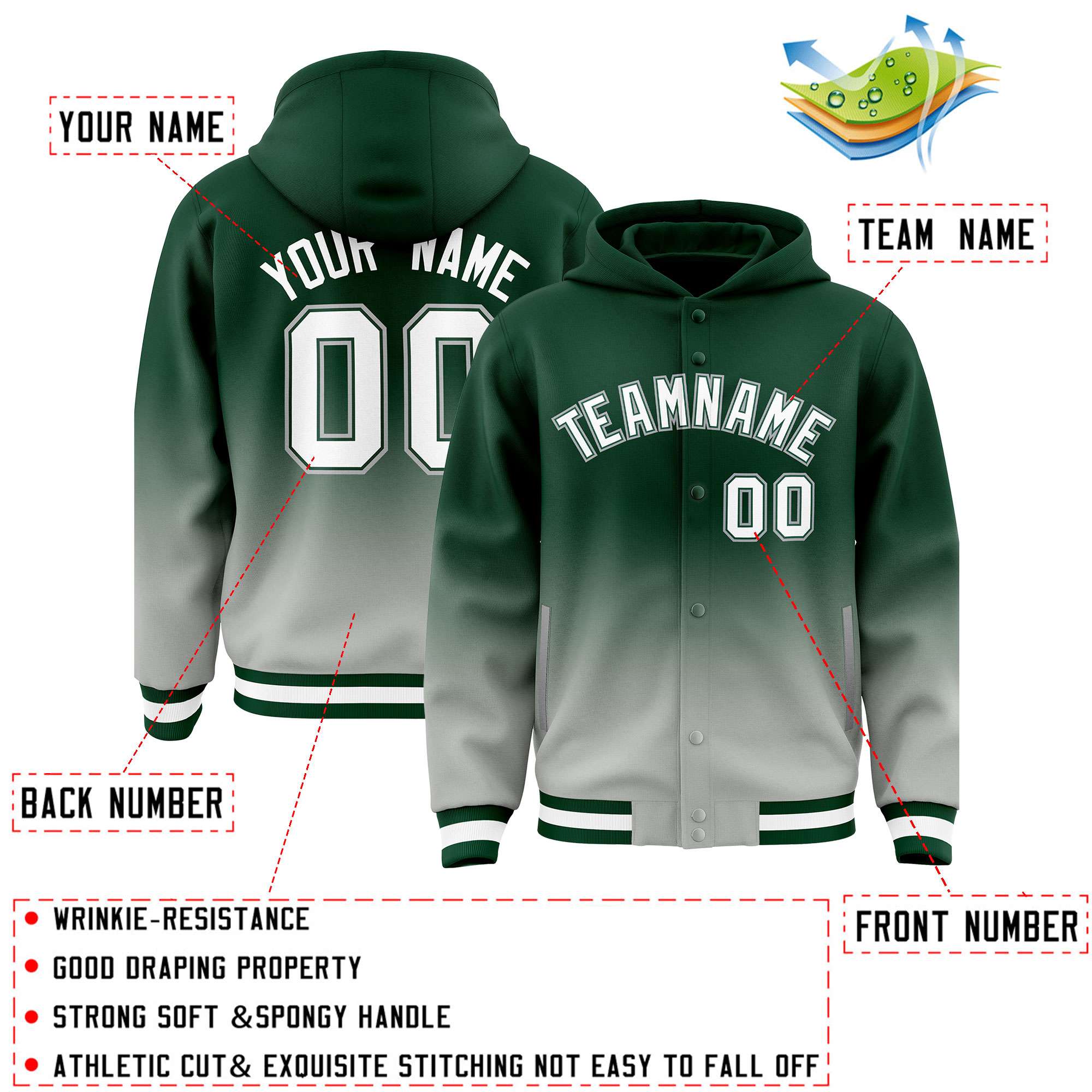 Custom Green Gray Varsity Full-Snap Letterman Gradient Hoodie Jacket