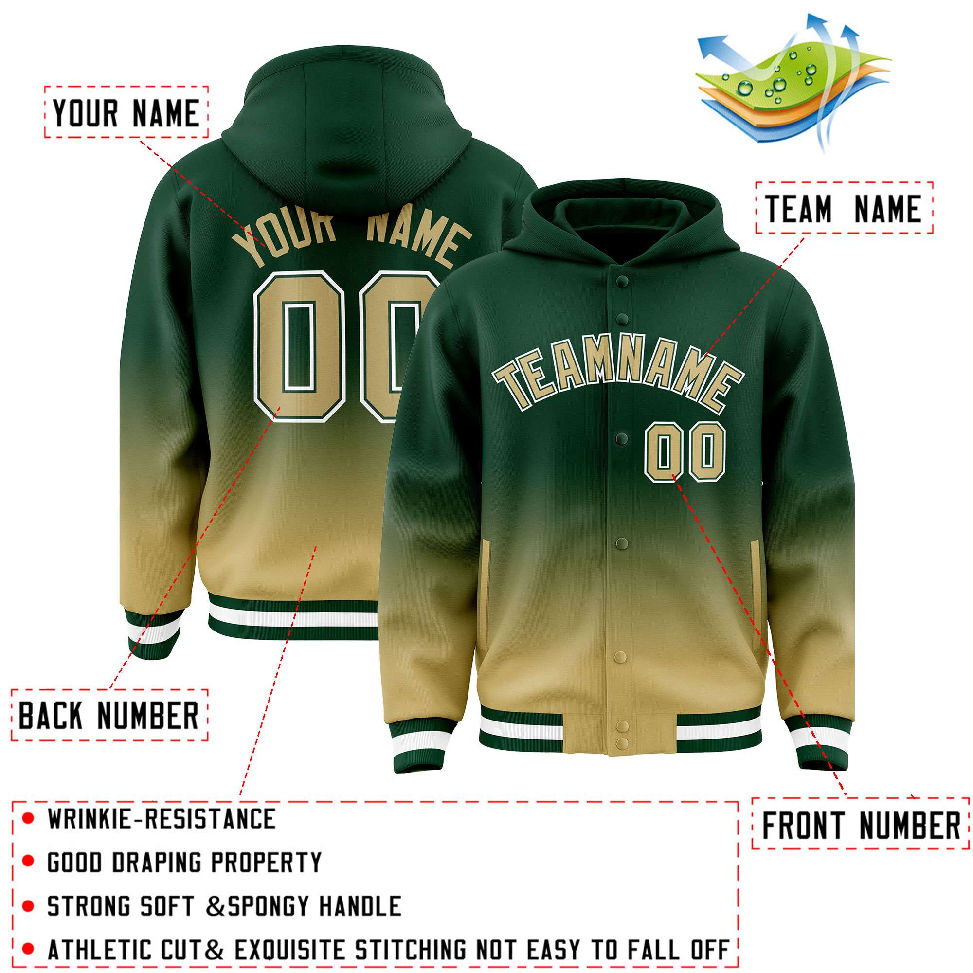 Custom Green Khaki Varsity Full-Snap Letterman Gradient Hoodie Jacket