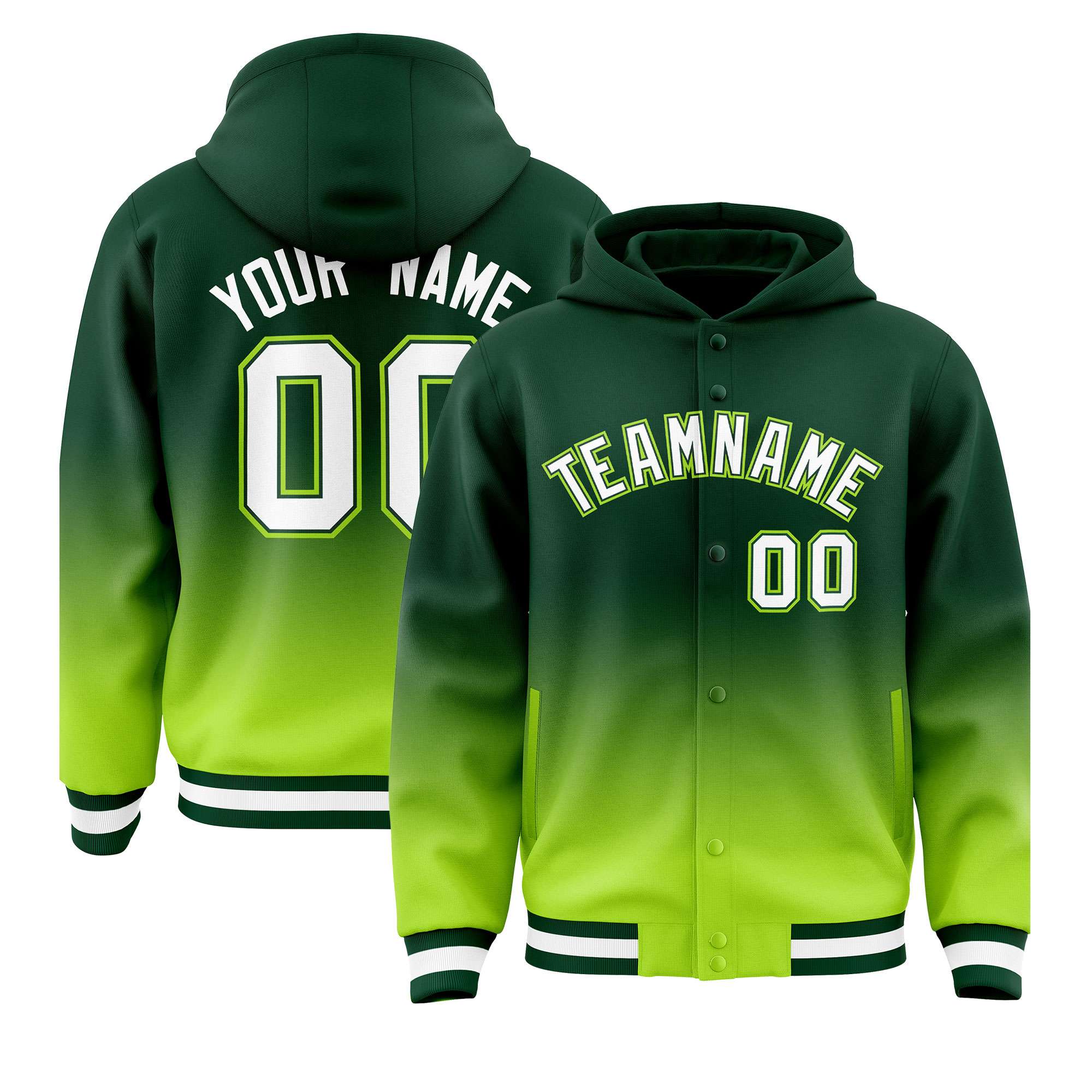 Custom Green Neon Green Varsity Full-Snap Letterman Gradient Hoodie Jacket