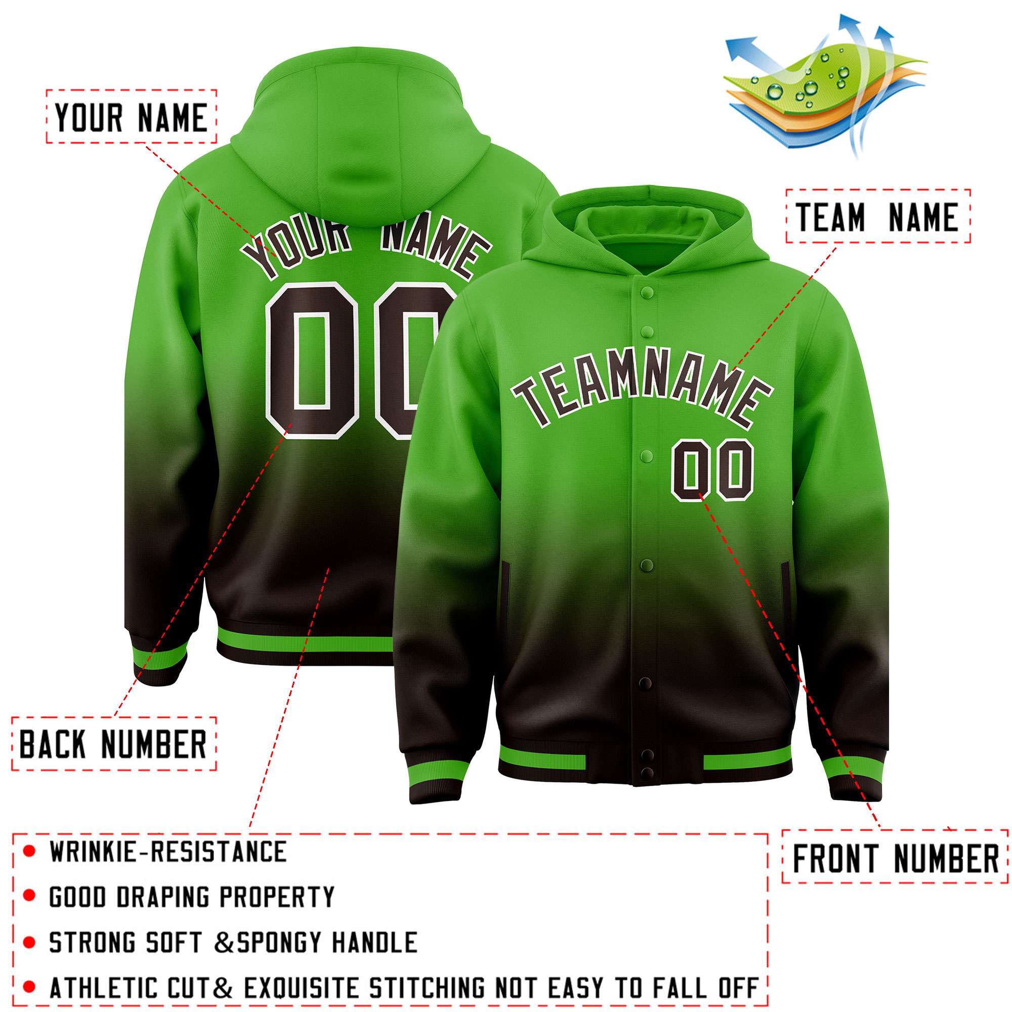 Custom Green Brown Varsity Full-Snap Letterman Gradient Hoodie Jacket