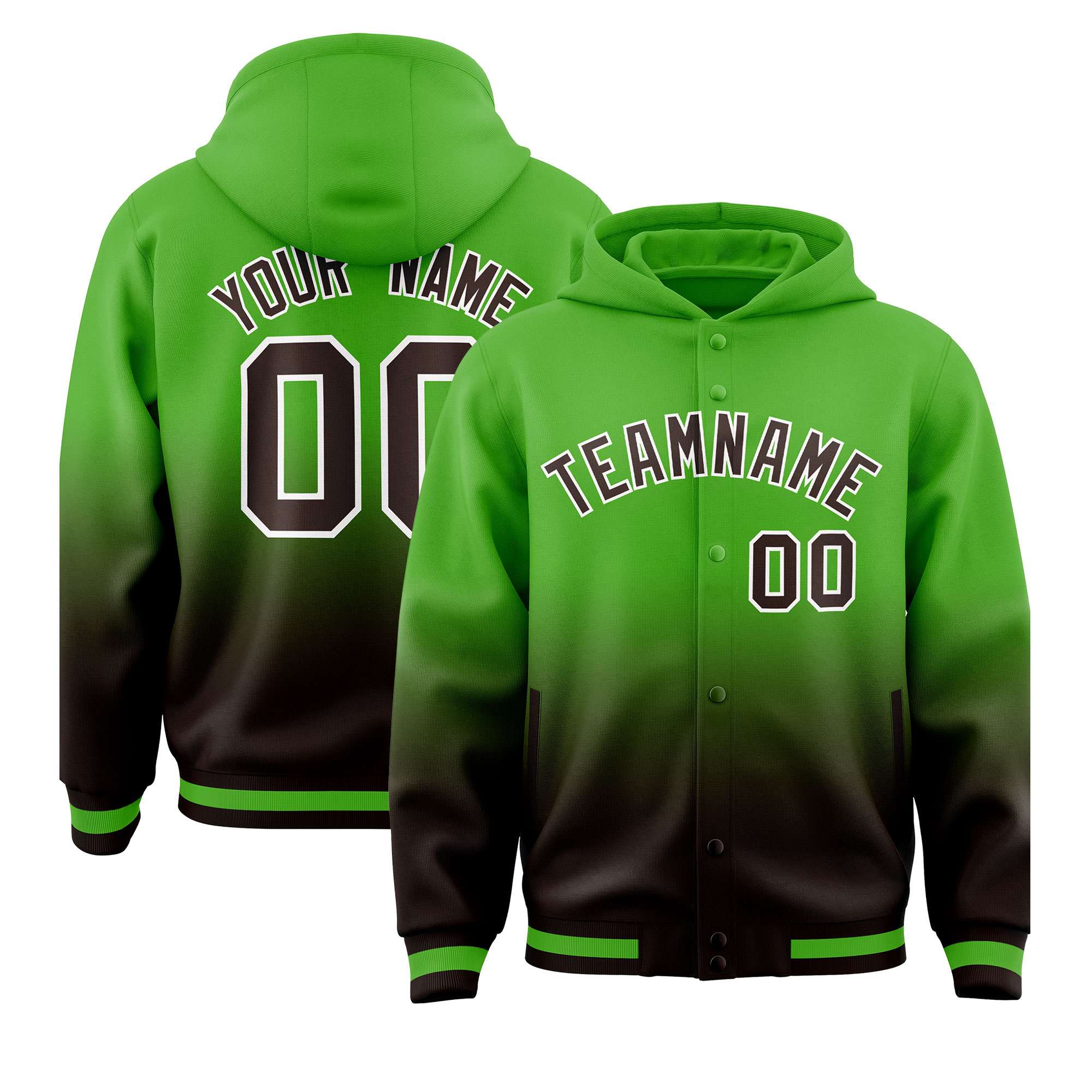 Custom Green Brown Varsity Full-Snap Letterman Gradient Hoodie Jacket