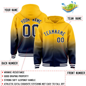 Custom Yellow Navy Varsity Full-Snap Letterman Gradient Hoodie Jacket