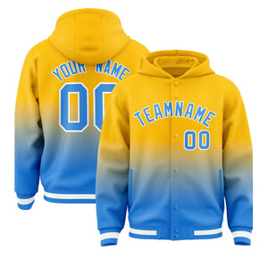 Custom Yellow Blue Varsity Full-Snap Letterman Gradient Hoodie Jacket