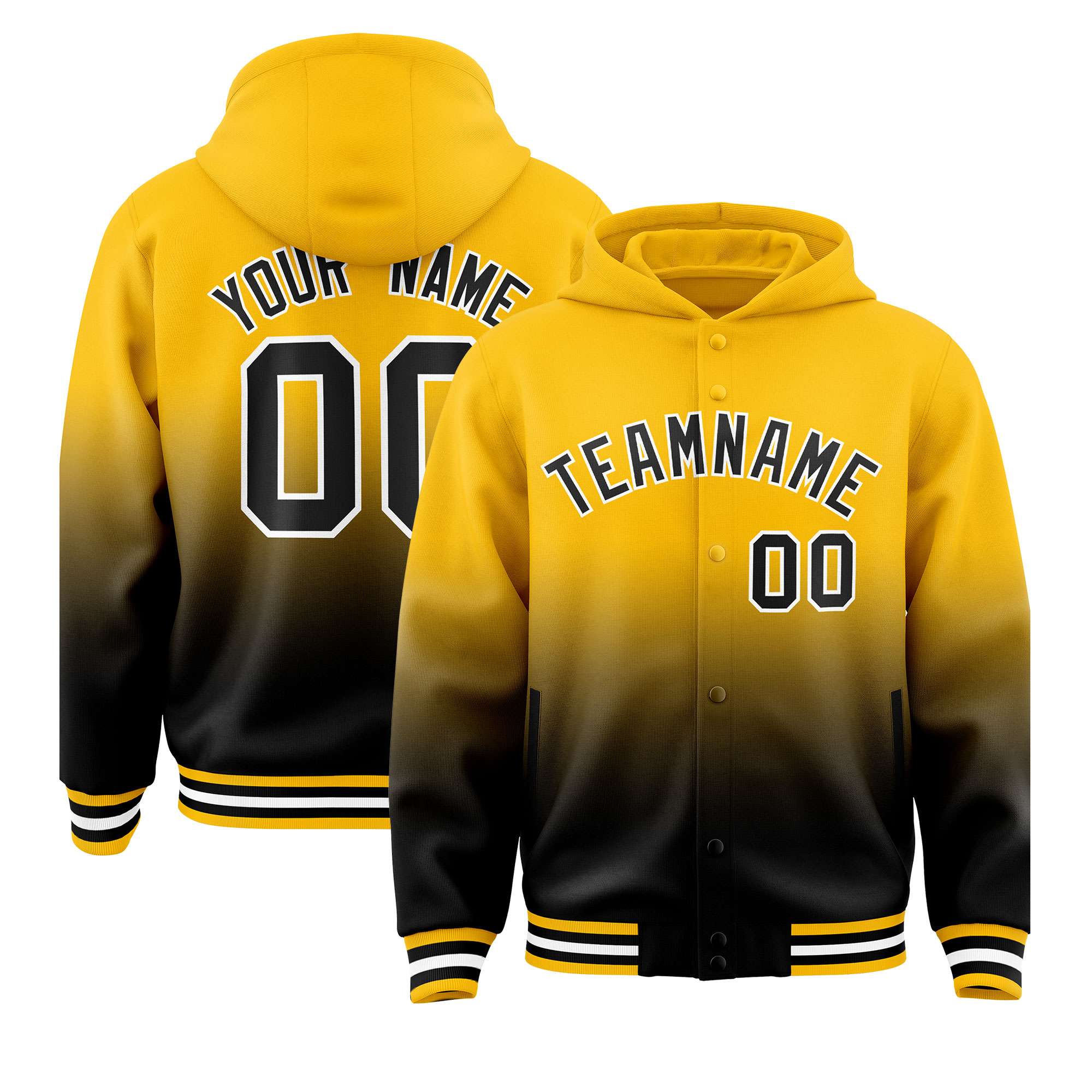 Custom Yellow Black Varsity Full-Snap Letterman Gradient Hoodie Jacket