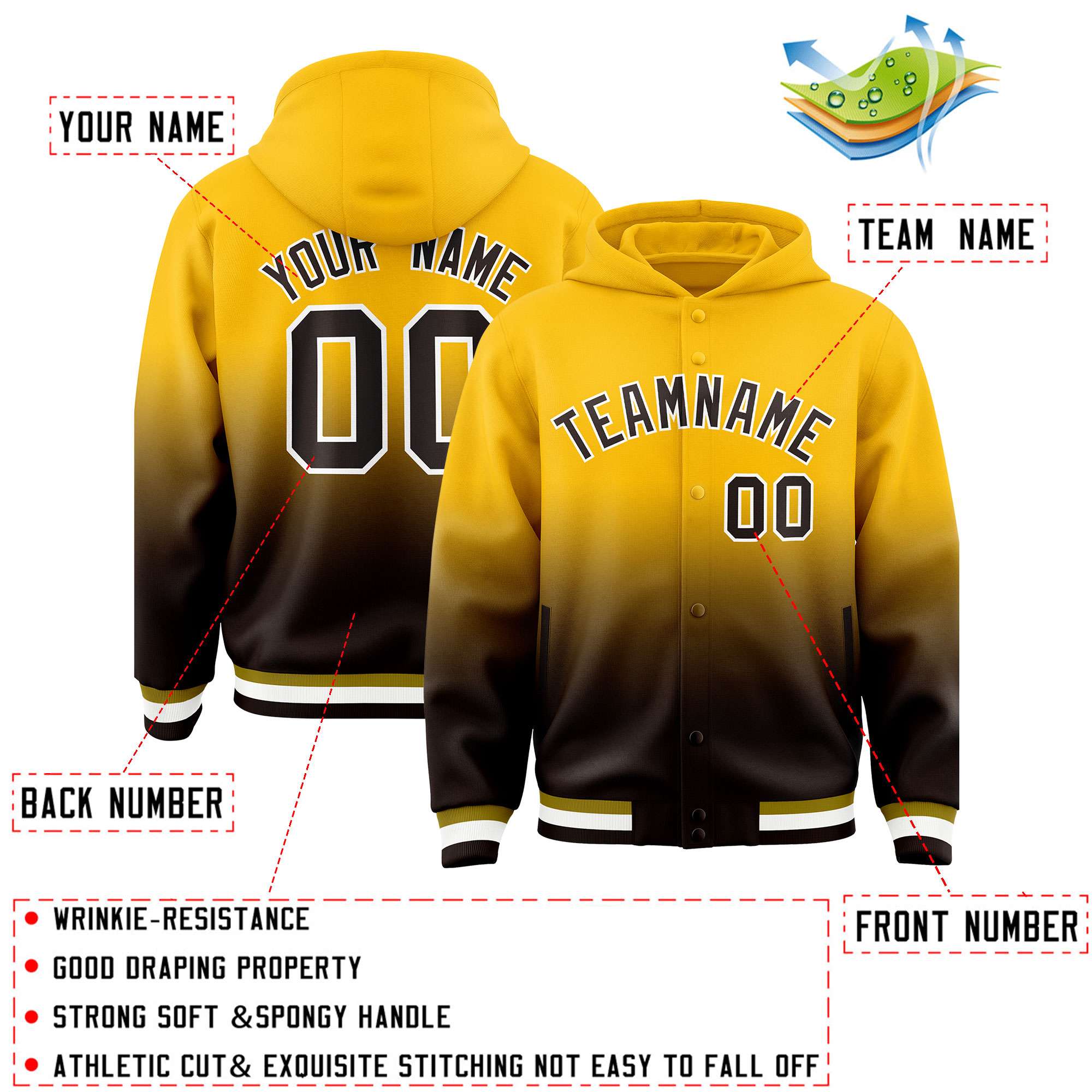 Custom Yellow Brown Varsity Full-Snap Letterman Gradient Hoodie Jacket