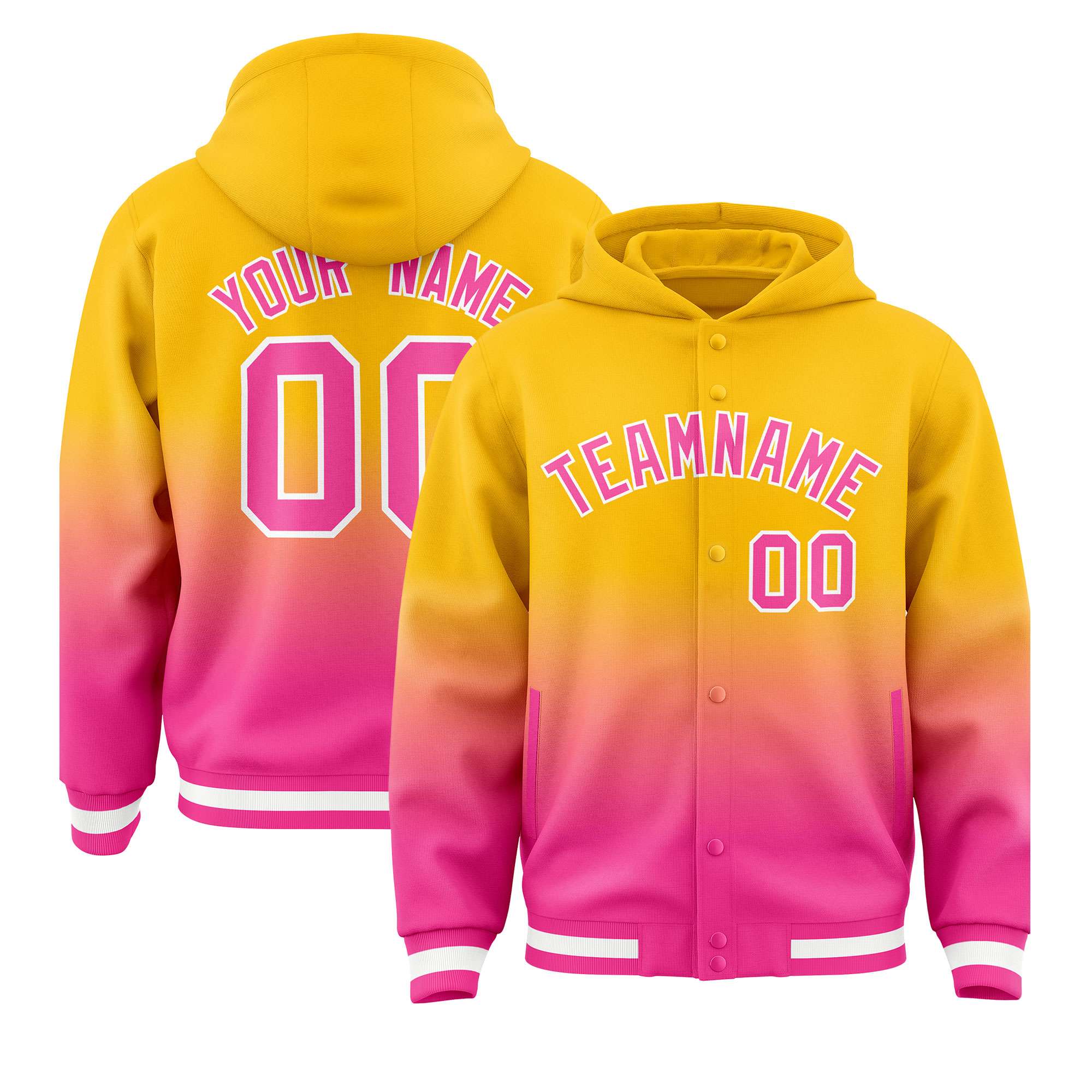 Custom Yellow Pink Varsity Full-Snap Letterman Gradient Hoodie Jacket