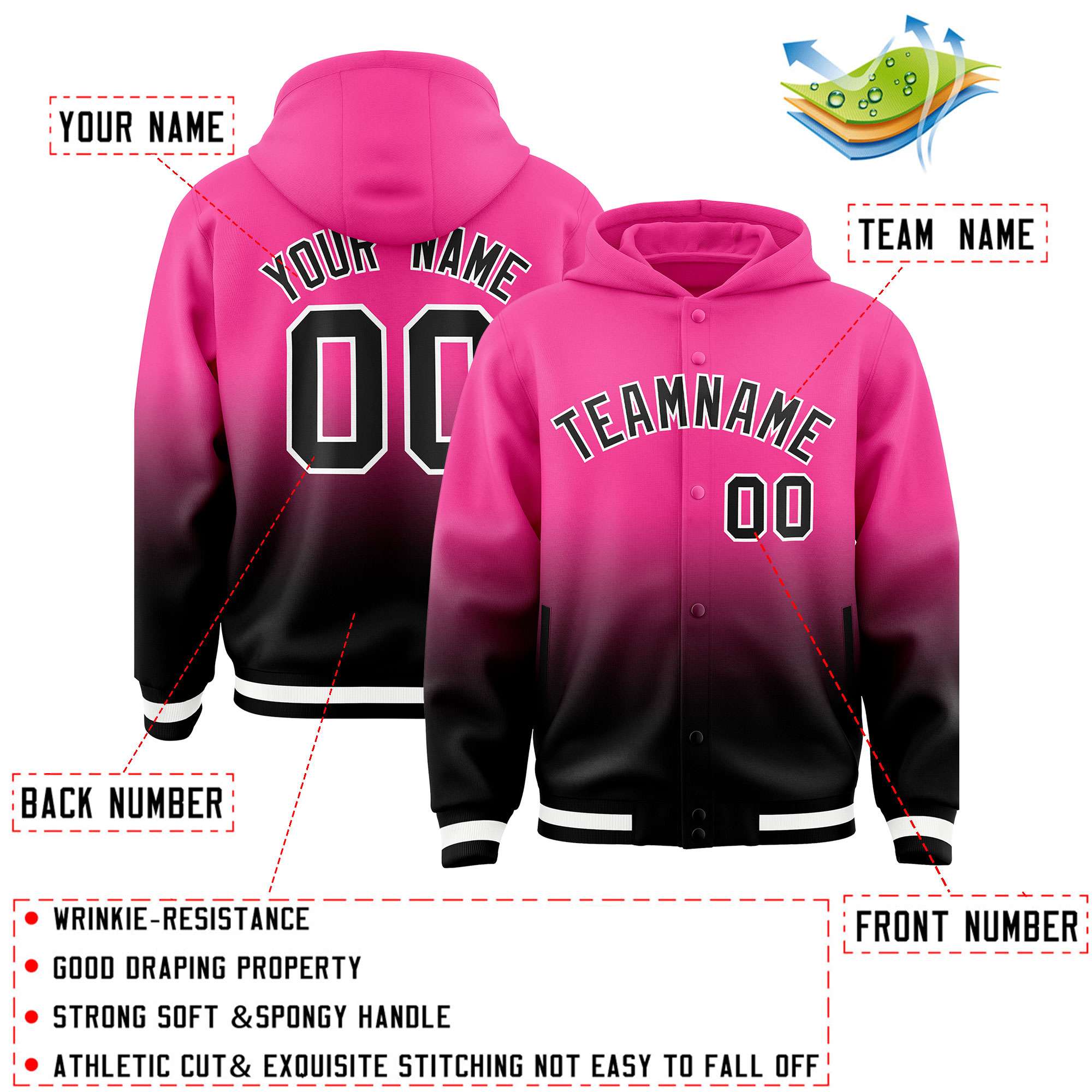 Custom Pink Black Varsity Full-Snap Letterman Gradient Hoodie Jacket