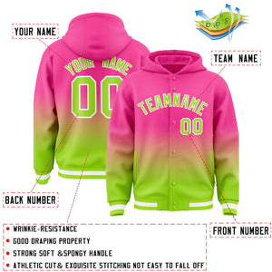 Custom Pink Neon Green Varsity Full-Snap Letterman Gradient Hoodie Jacket