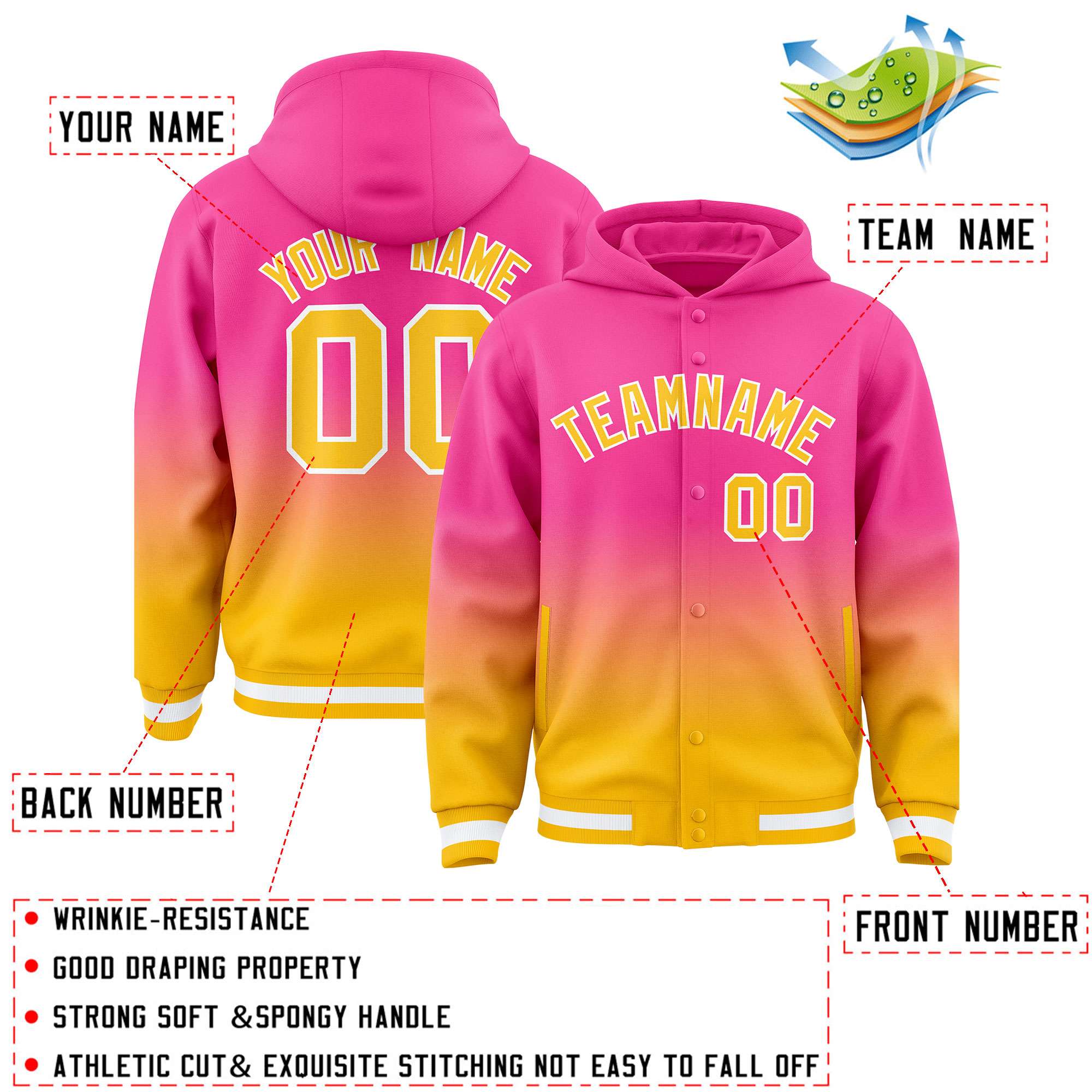 Custom Pink Yellow Varsity Full-Snap Letterman Gradient Hoodie Jacket