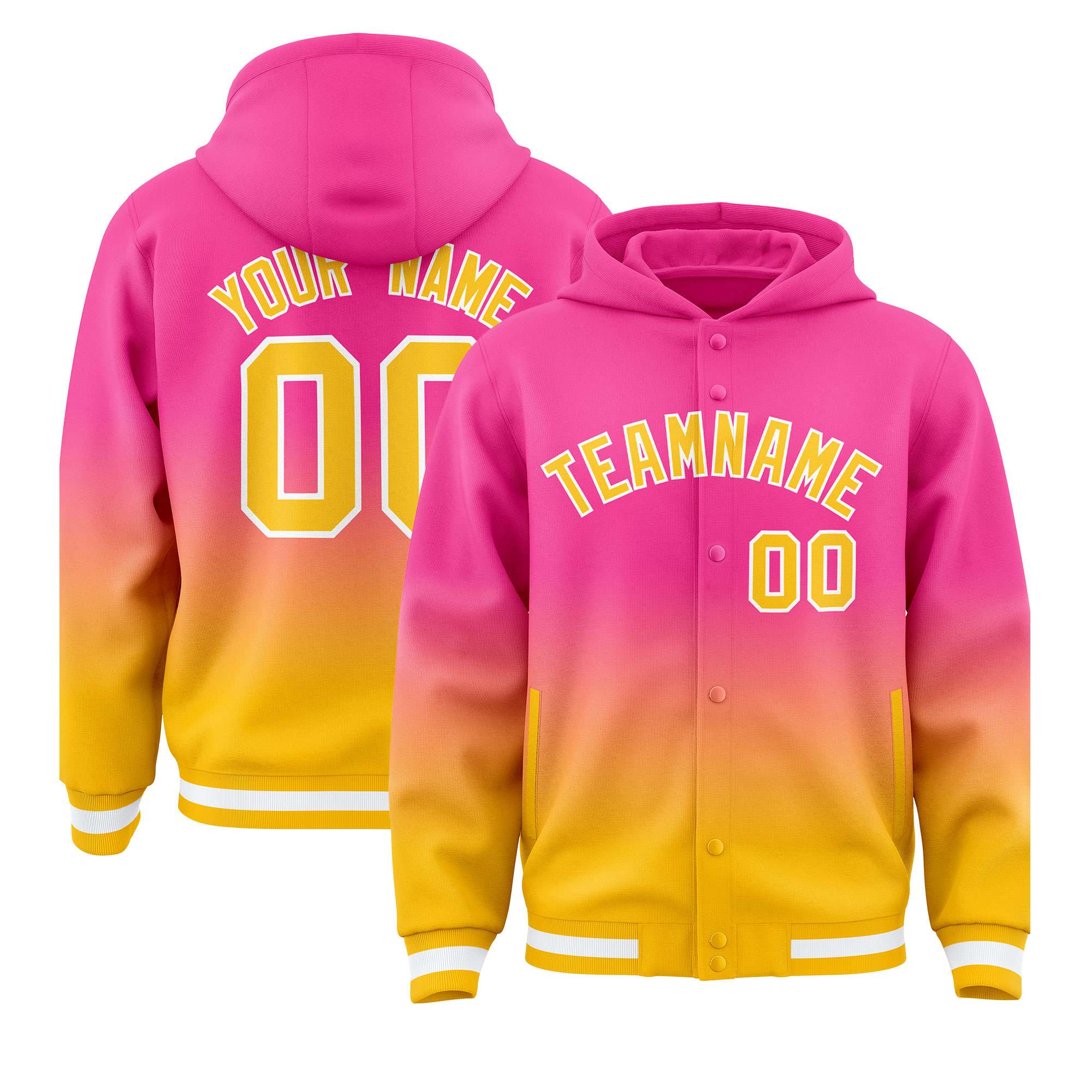 Custom Pink Yellow Varsity Full-Snap Letterman Gradient Hoodie Jacket