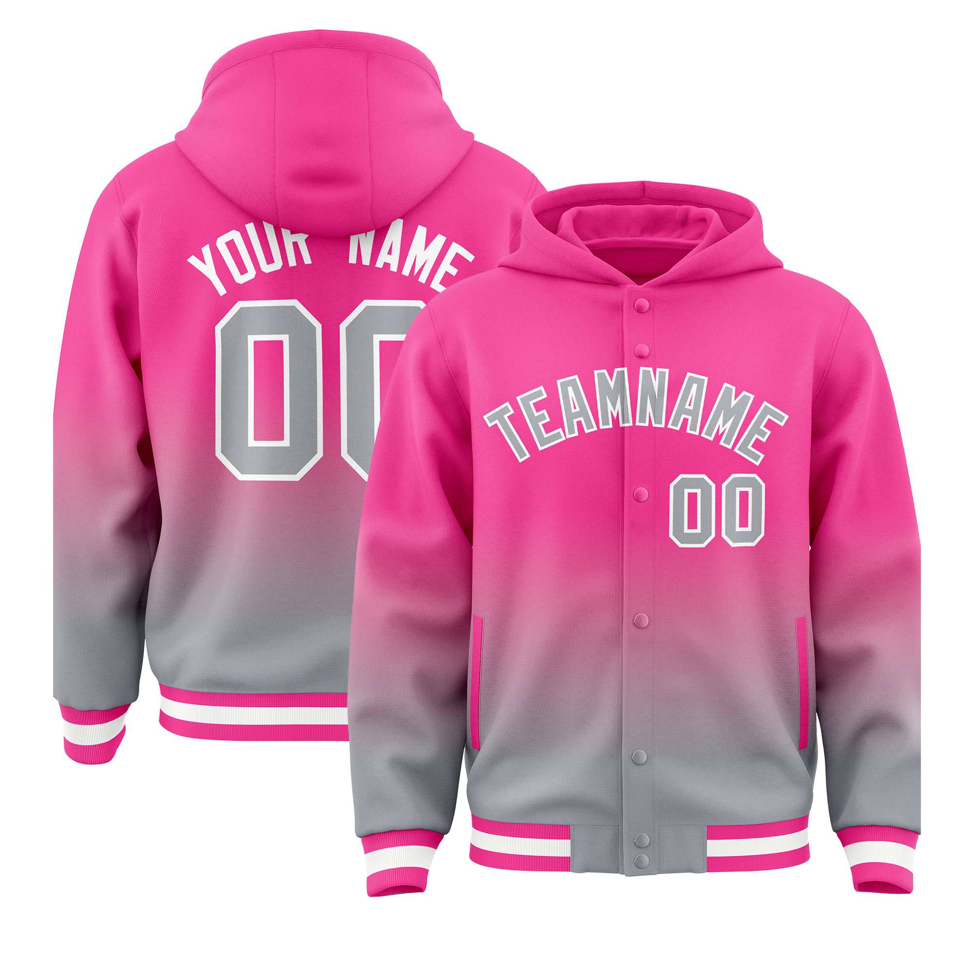 Custom Pink Gray Varsity Full-Snap Letterman Gradient Hoodie Jacket