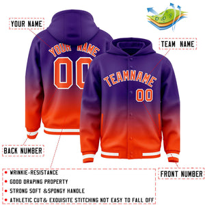 Custom Purple Orange Varsity Full-Snap Letterman Gradient Hoodie Jacket