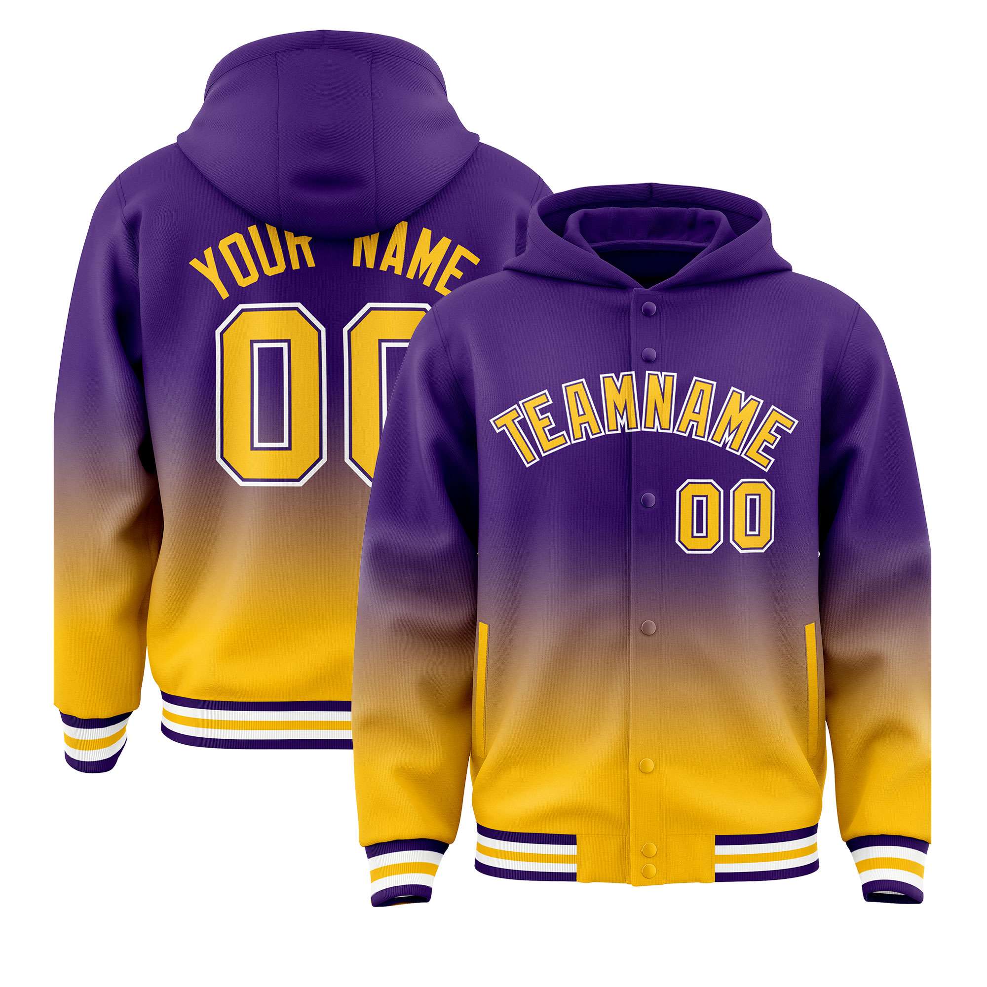 Custom Purple Yellow Varsity Full-Snap Letterman Gradient Hoodie Jacket