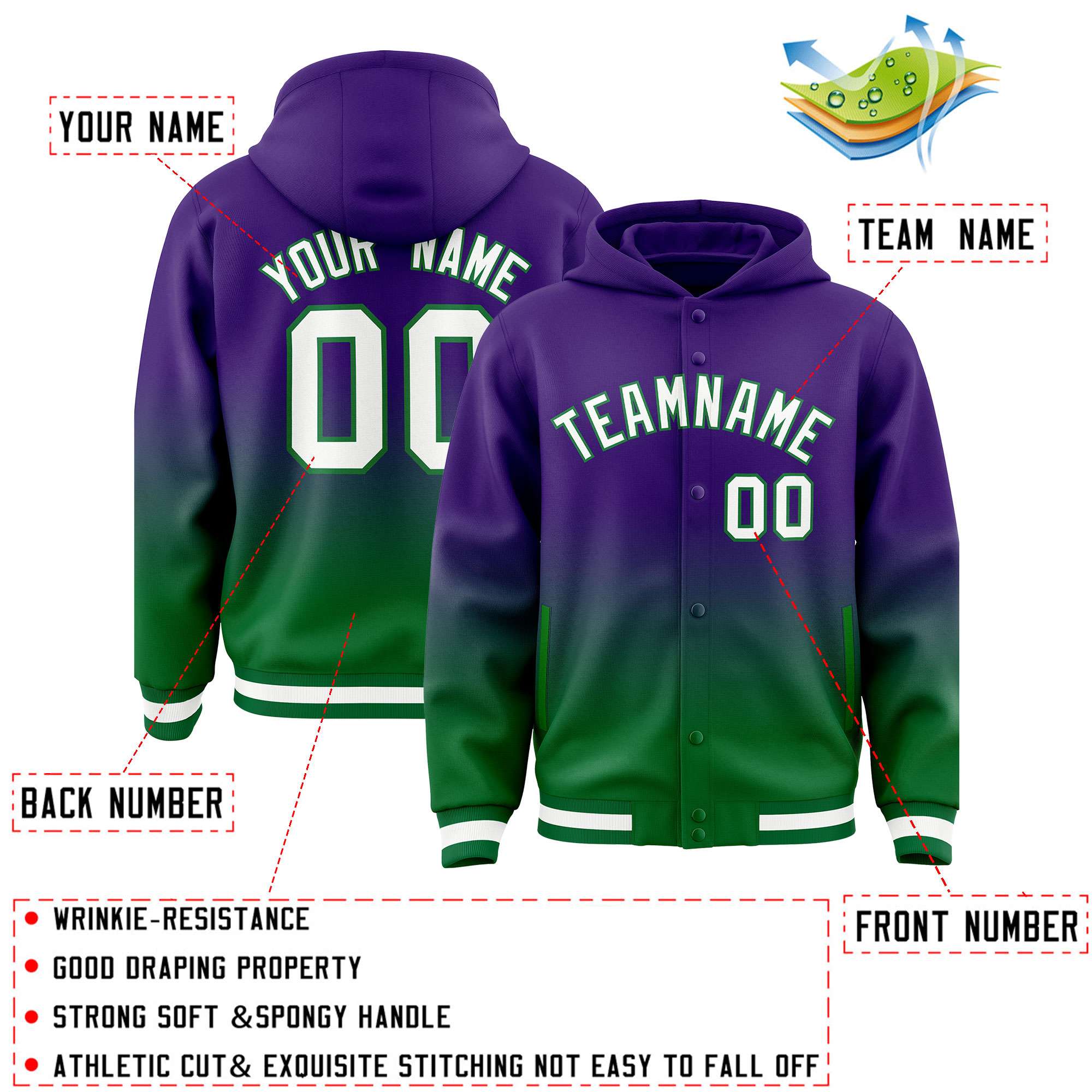 Custom Purple Green Varsity Full-Snap Letterman Gradient Hoodie Jacket