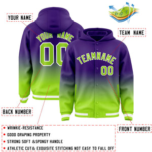 Custom Purple Neon Green Varsity Full-Snap Letterman Gradient Hoodie Jacket