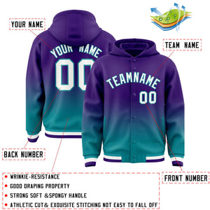 Custom Purple Teal Varsity Full-Snap Letterman Gradient Hoodie Jacket