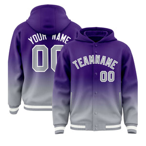 Custom Purple Gray Varsity Full-Snap Letterman Gradient Hoodie Jacket