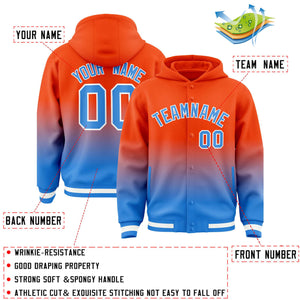 Custom Orange Blue Varsity Full-Snap Letterman Gradient Hoodie Jacket